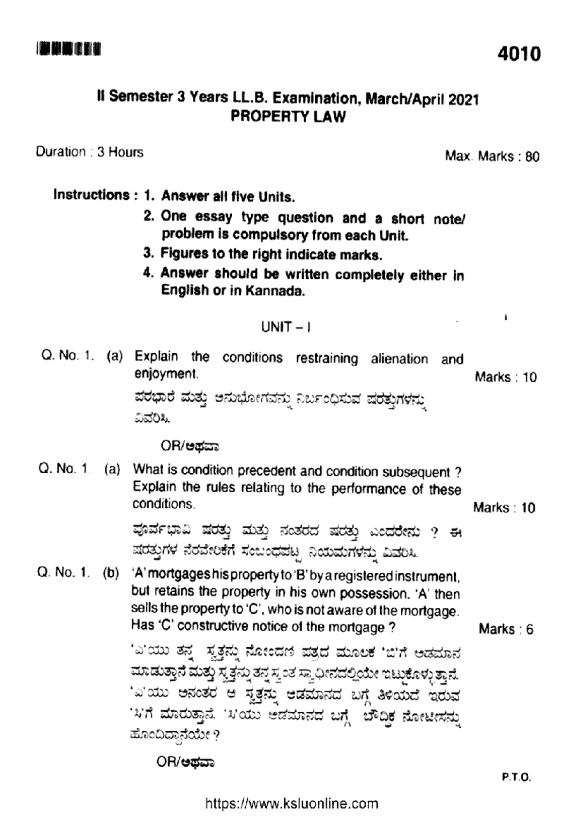 Llb 2 sem property law 4010 apr 2021 - 4010 II Semester 3 Years LL ...