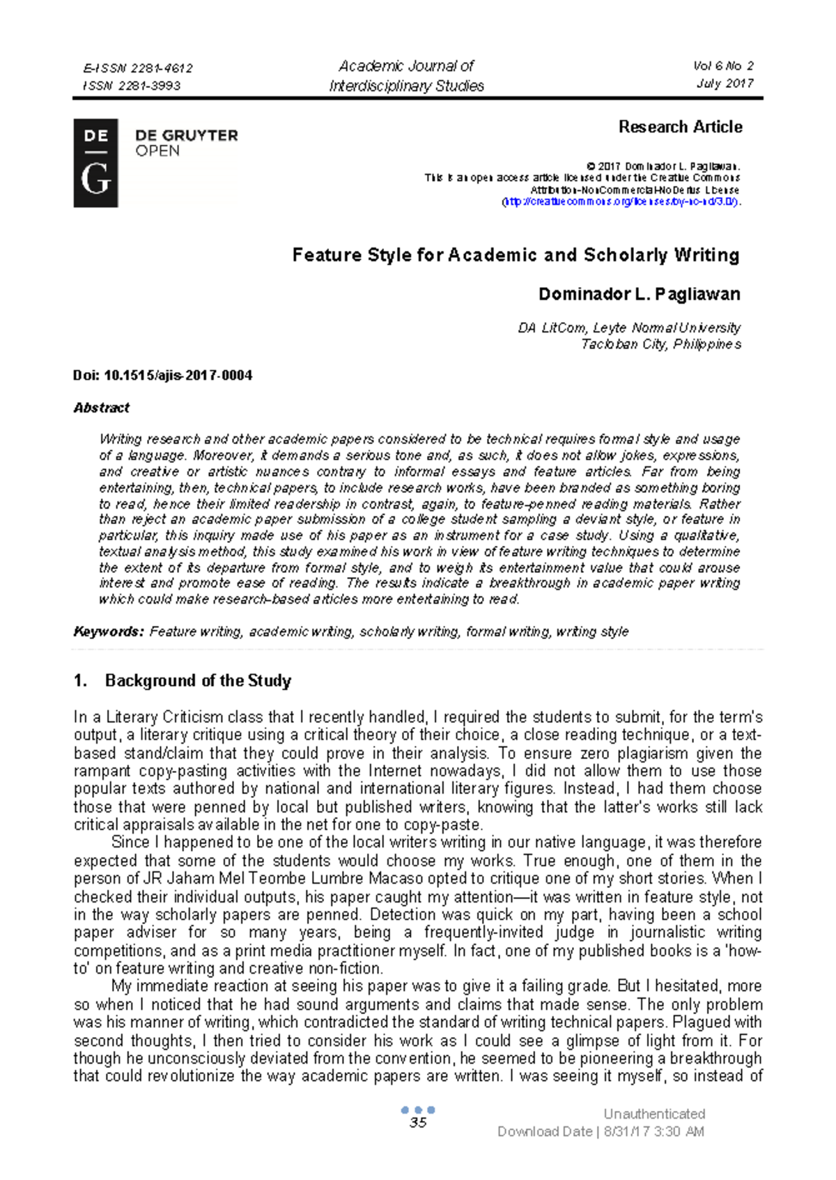 Feature Style for Academic and Scholarly Writing - E-ISSN 2281- ISSN ...