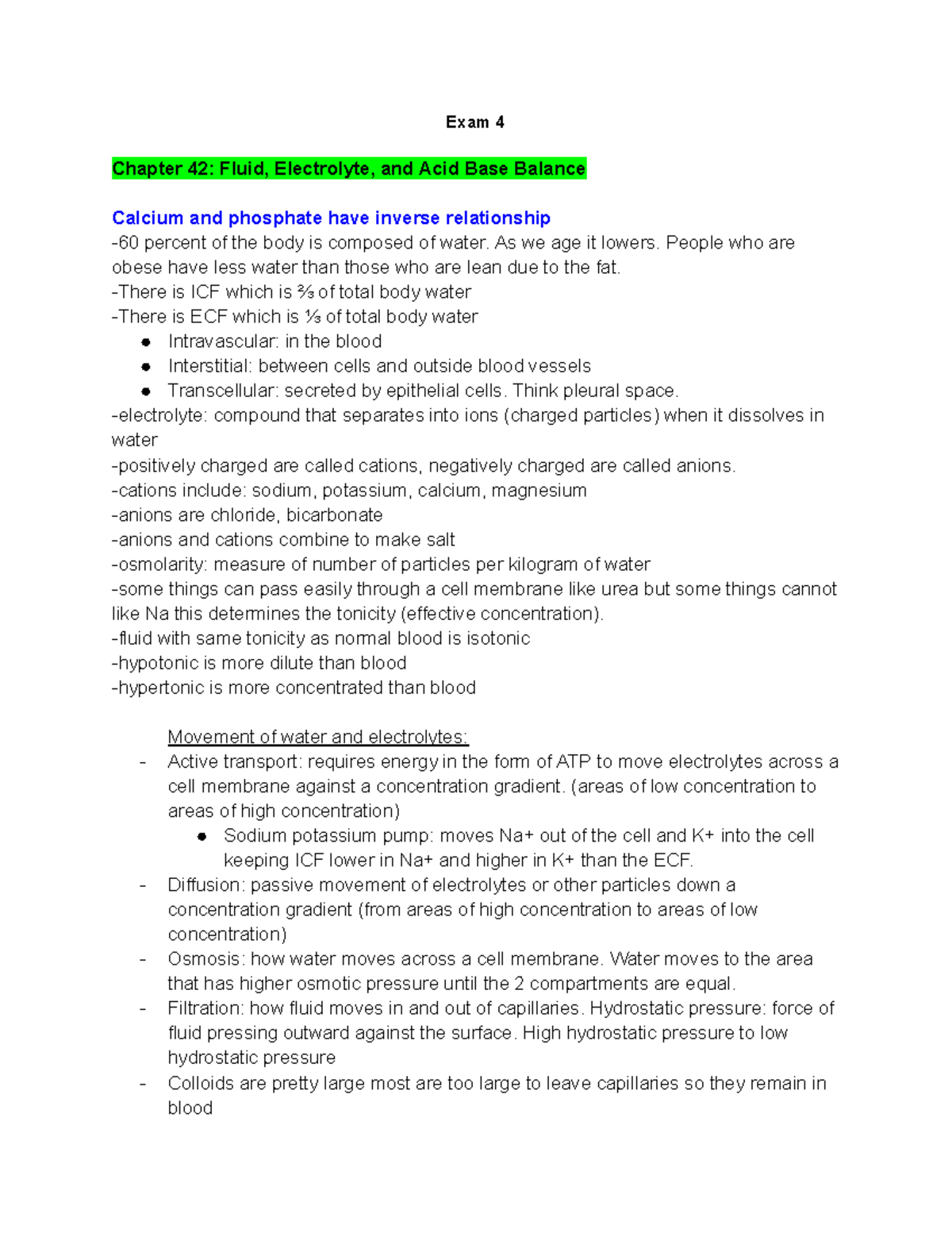 Fundamentals Exam 4 Study Guide - Exam 4 Chapter 42: Fluid, Electrolyte ...