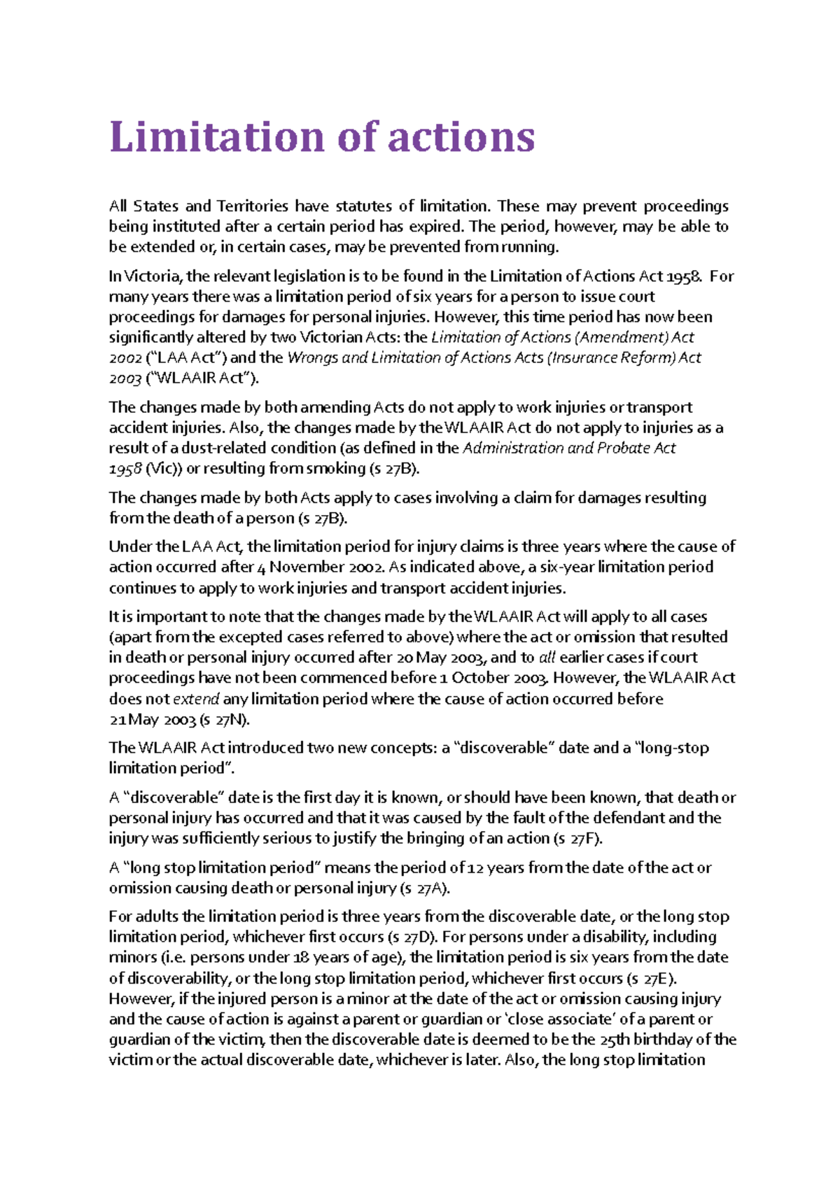 Limitation of Actions notes1 Limitation of actions All States and