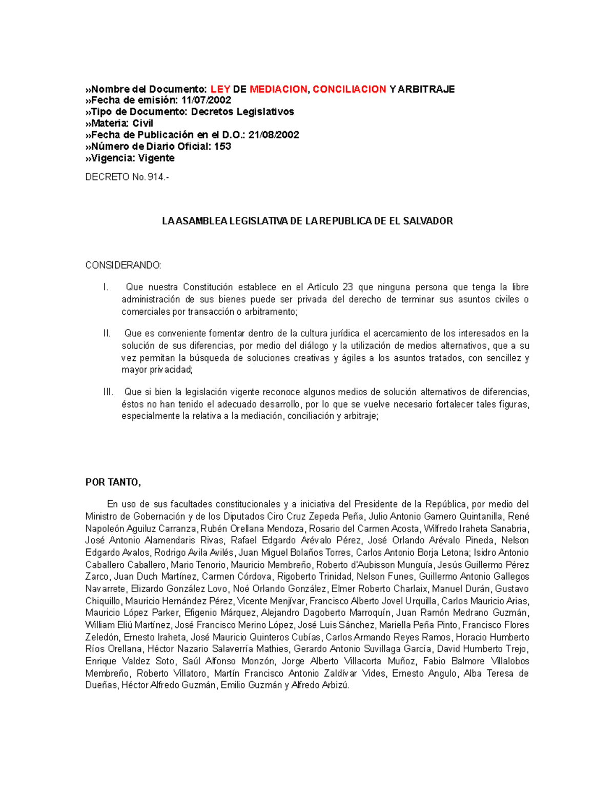 Ley De Mediacion Conciliacion Y Arbitraje Nombre Del Documento Ley De Mediacion