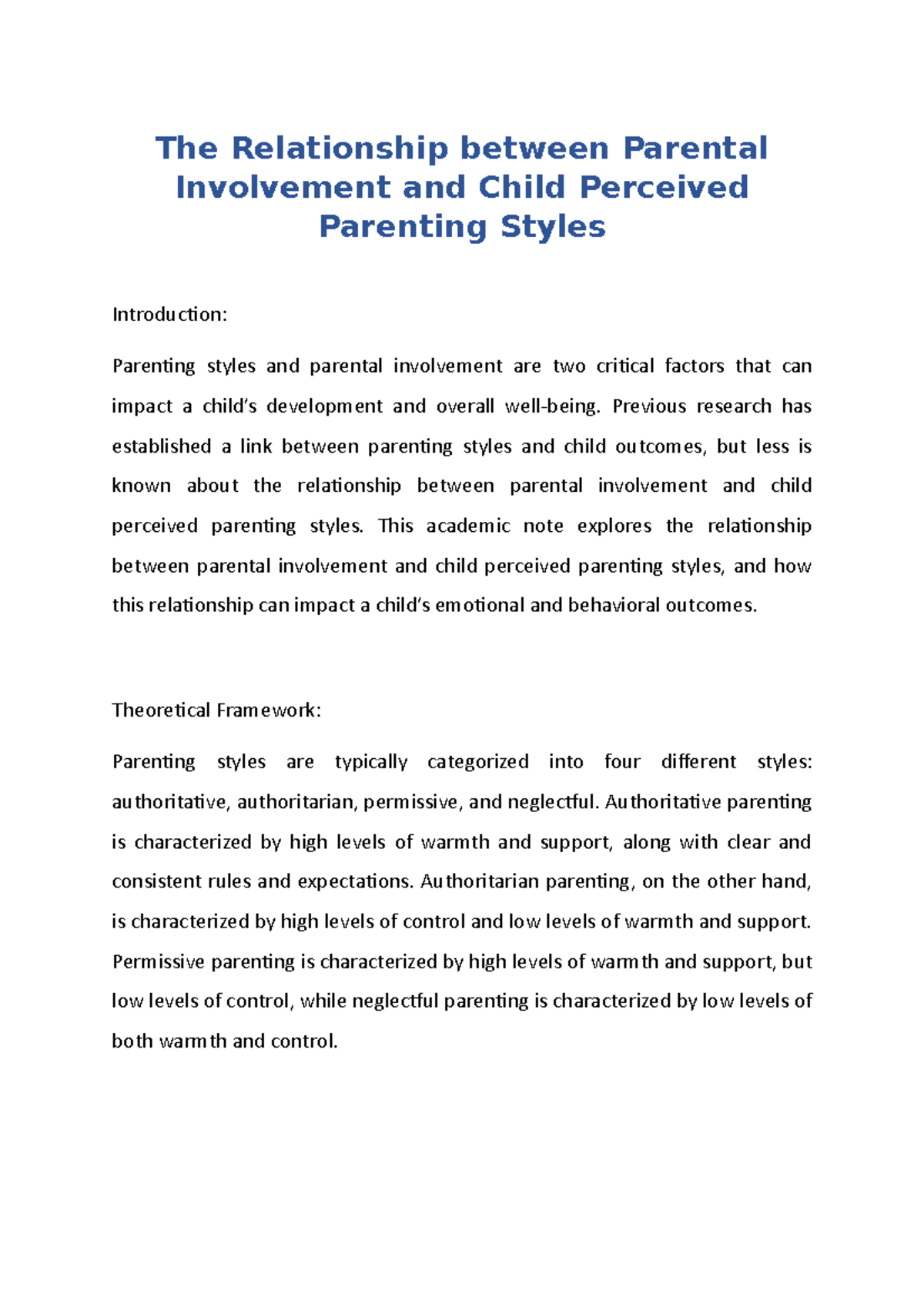 The Relationship between Parental Involvement and Child Perceived ...