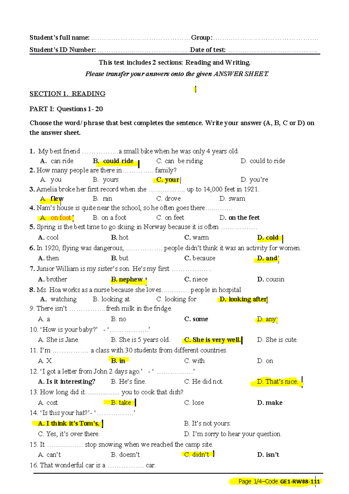 GE1- Practice TEST - Tiếng anh cơ bản 1, chỉ là bài tập không phải là ...