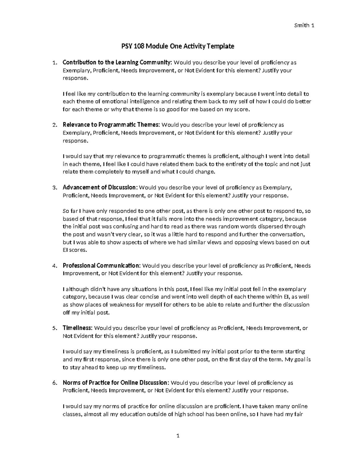 Module One Activity - Assignment - Smith 1 PSY 108 Module One Activity ...