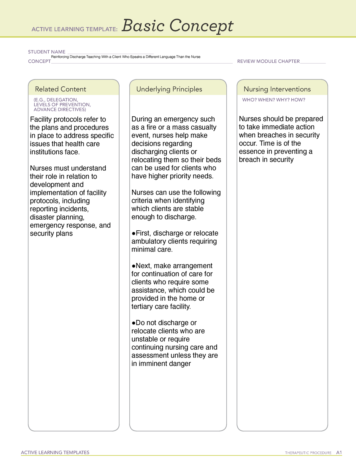 Discharging - Nursing - ACTIVE LEARNING TEMPLATES THERAPEUTIC PROCEDURE ...