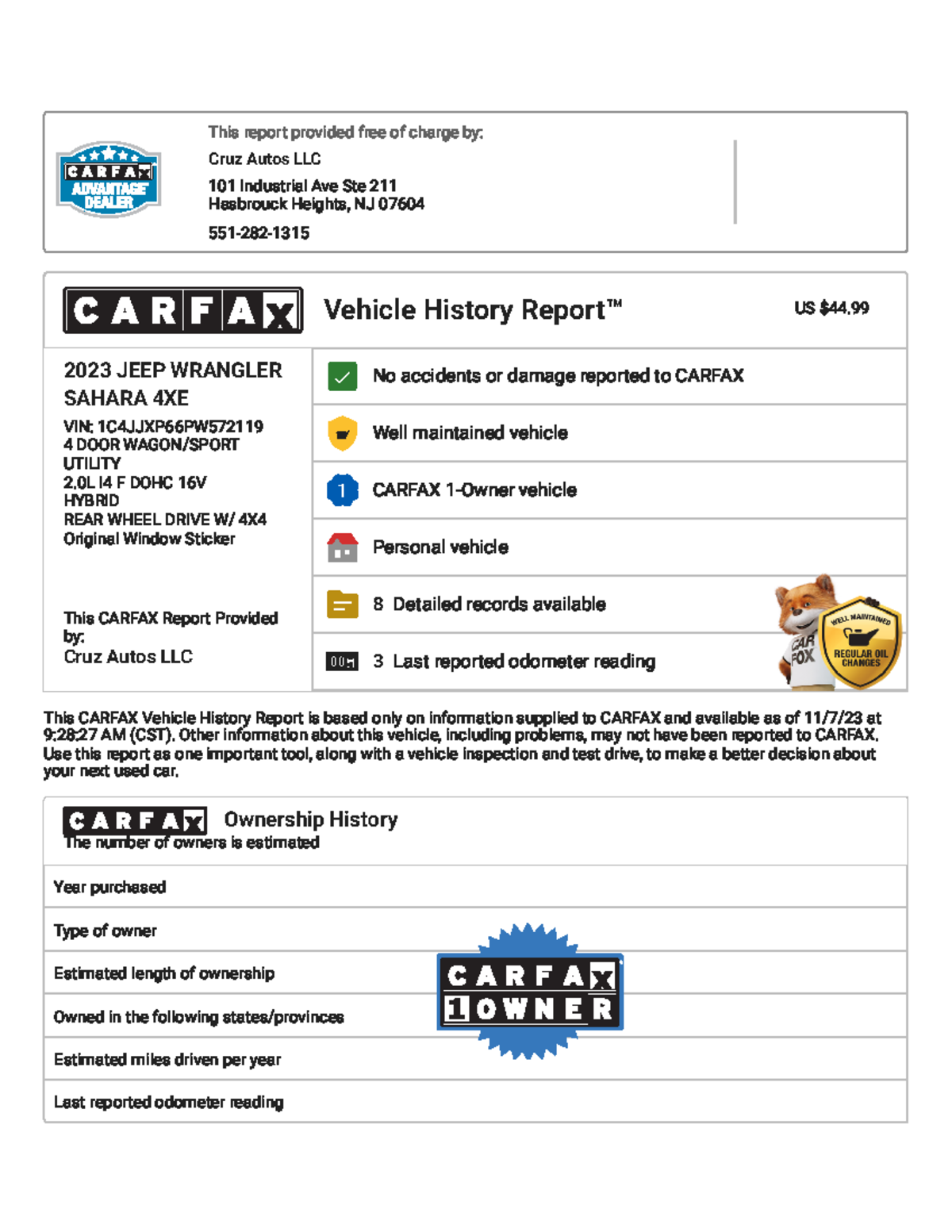 Carfax Vehicle History Report for this 2023 JEEP Wrangler Sahara 4XE