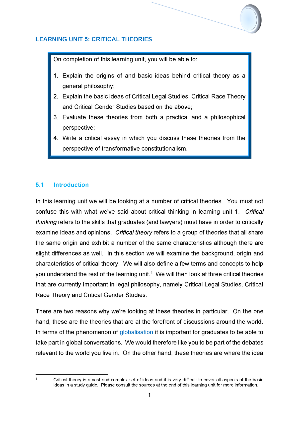 Learning-UNIT-5 - Lecture Notes 5 - 1 LEARNING UNIT 5: CRITICAL ...