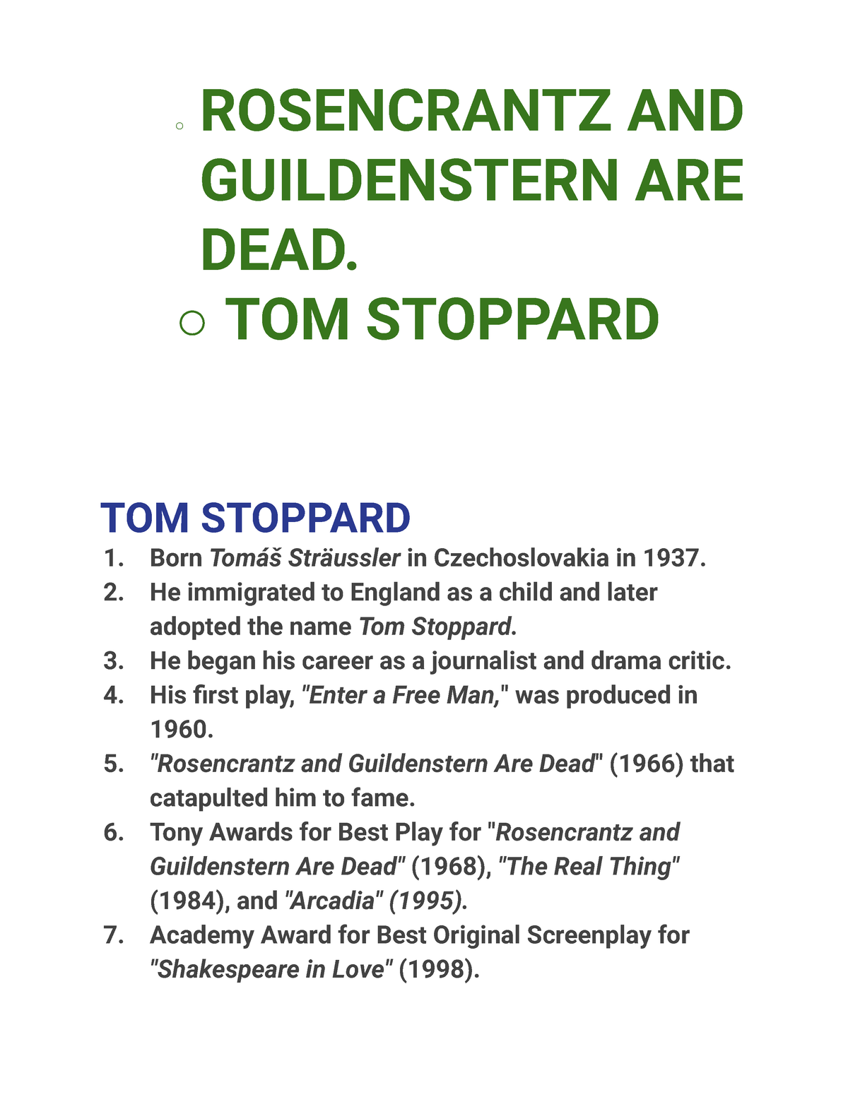 ROSENCRANTZ AND GUILDENSTERN ARE DEAD - TOM STOPPARD TOM STOPPARD 1 ...