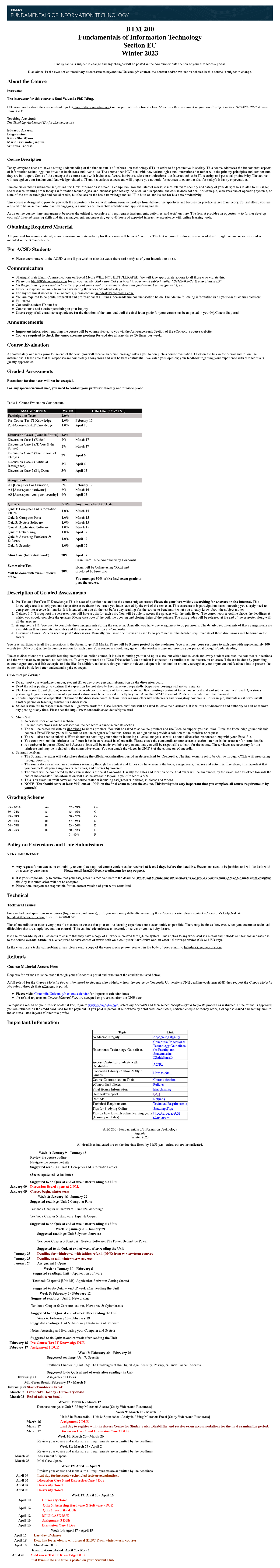 Course Outline - information on assignments - BTM 200 Fundamentals of ...