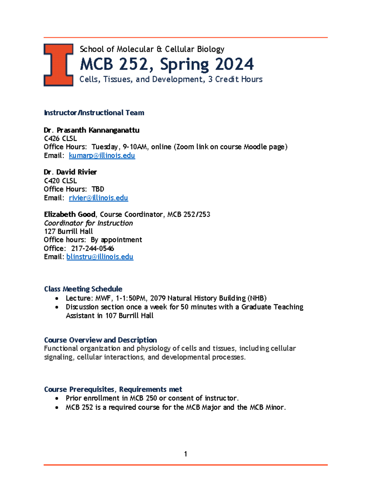 MCB 252 SP24 Syllabus 01 05 24 School of Molecular