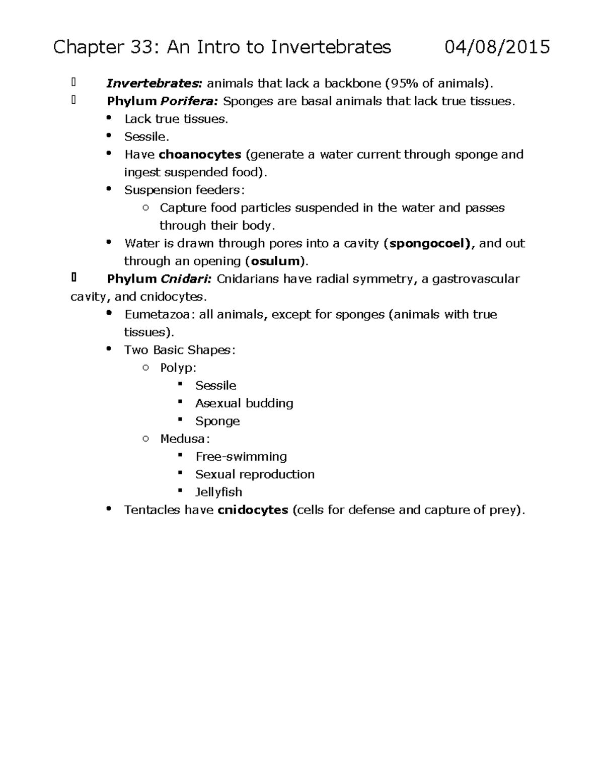 Chapter 33 lecture note for Bio 102 Exam - Chapter 33: An Intro to ...