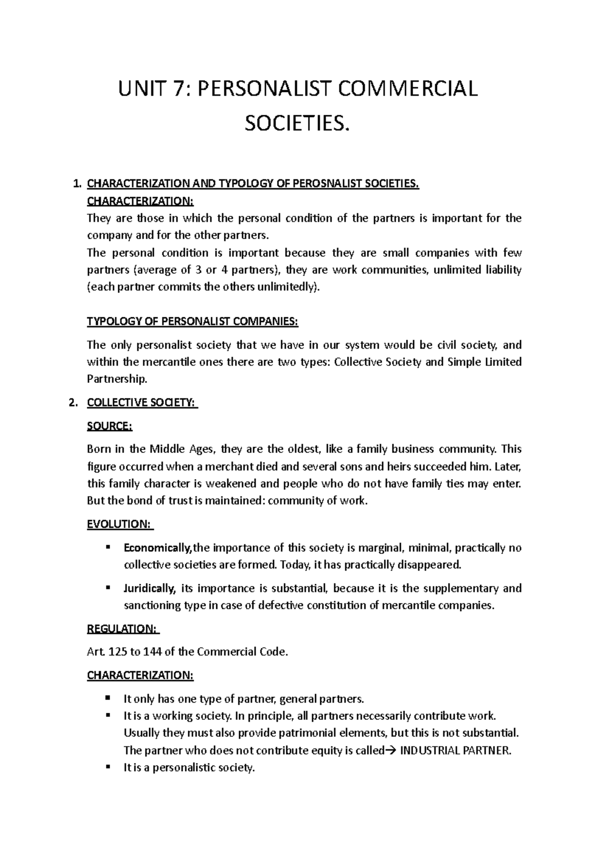 Unit 7 - Lecture notes 7 - UNIT 7: PERSONALIST COMMERCIAL SOCIETIES. 1 ...