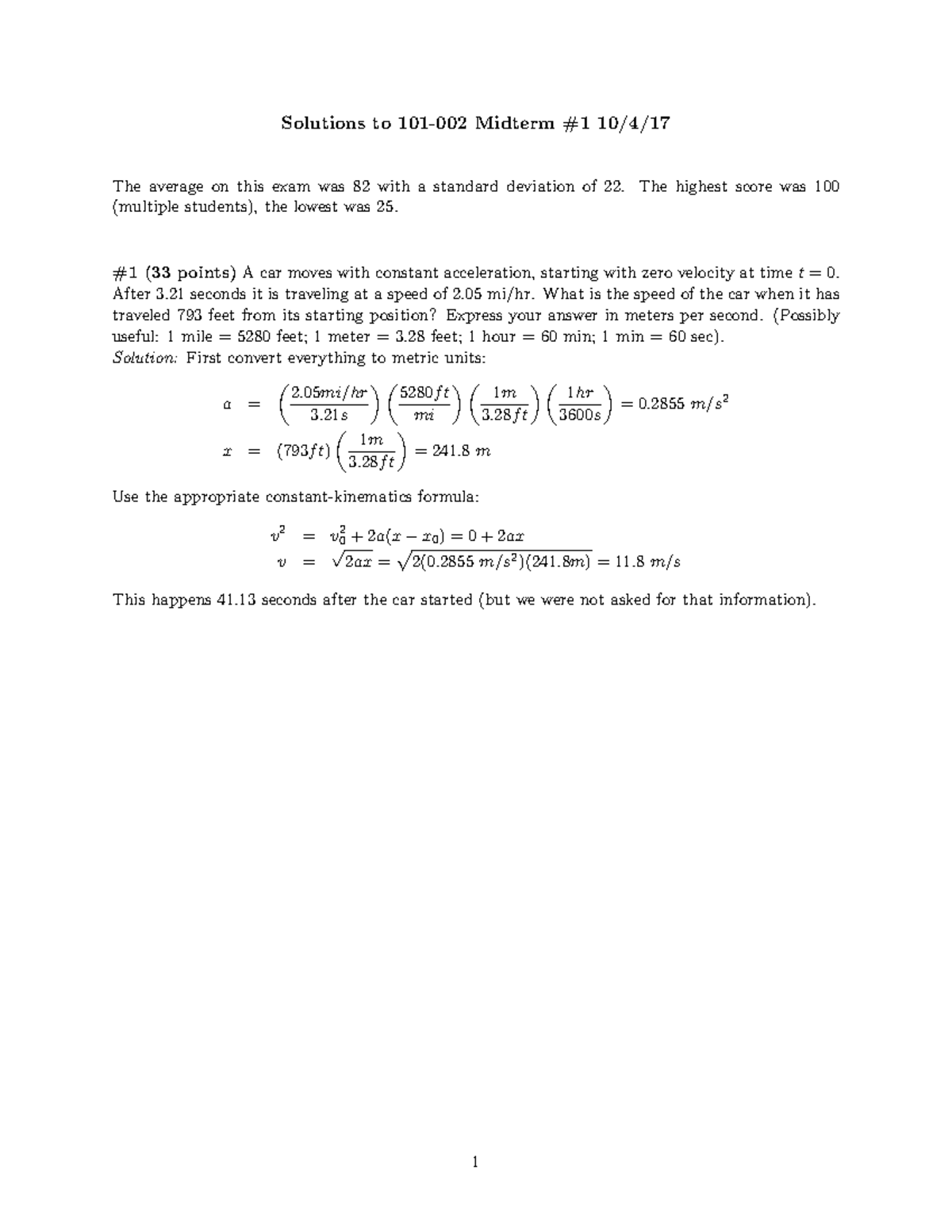 Soln 1 f17 - Practice Questions Solutions for Exam 1 - Solutions to 101 ...