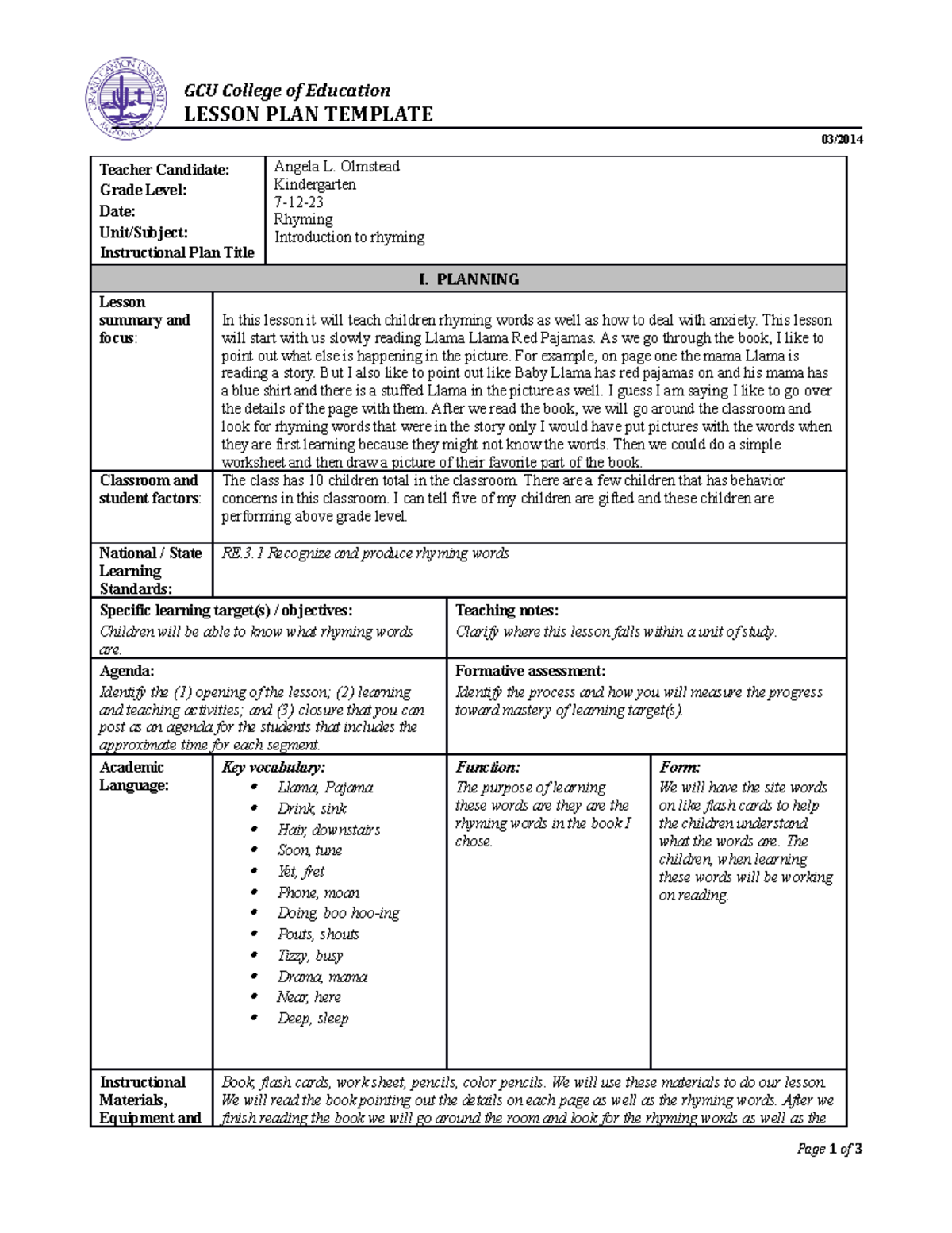 Assignment - GCU College of Education LESSON PLAN TEMPLATE 03/ Teacher ...