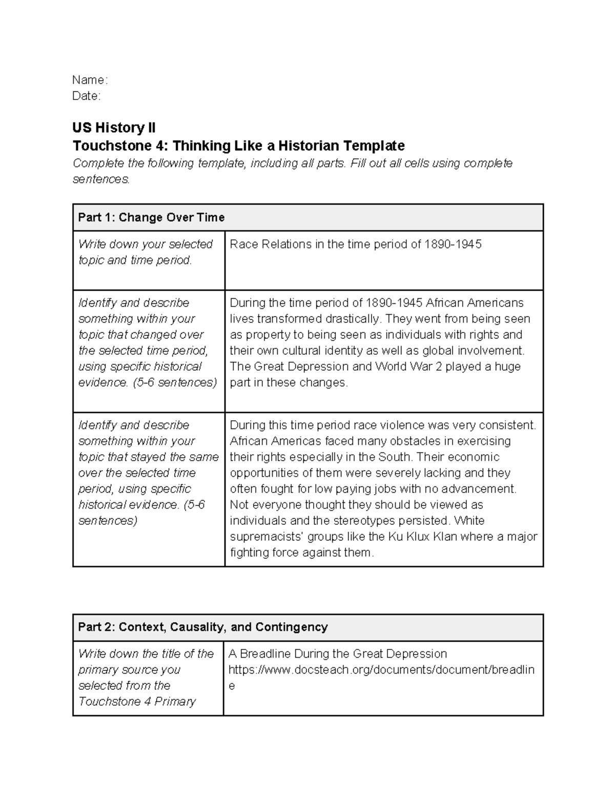 Sophia US History II Touchstone 4 Template - Name: Date: US History II ...