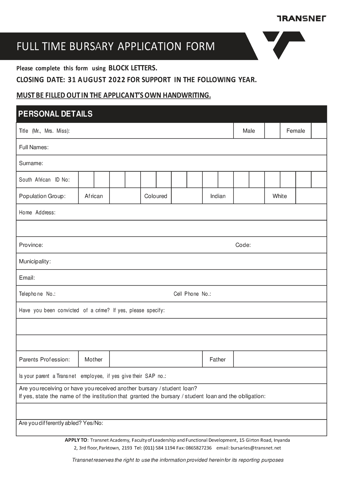 Bursary Application Form 2023 FULL TIME BURSARY APPLICATION