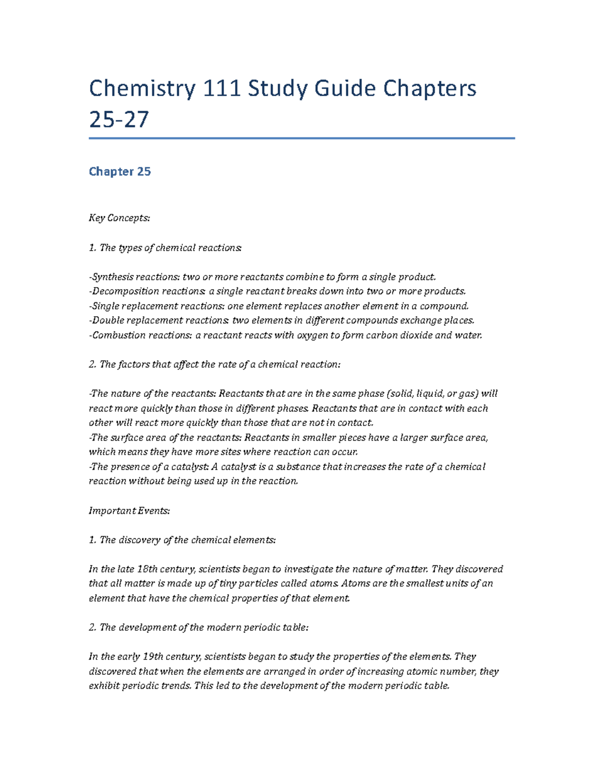Chemistry 111 Study Guide Chapters 25-27 - Chemistry 111 Study Guide ...