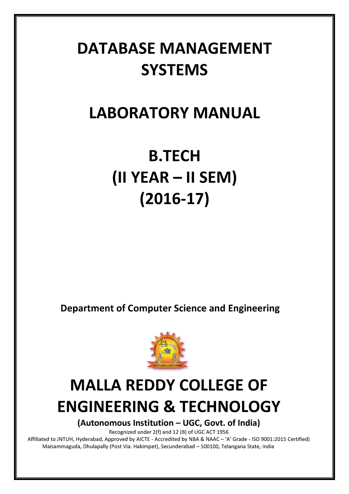 Dbms Lab Manual - DATABASE MANAGEMENT SYSTEMS LABORATORY MANUAL B (II ...