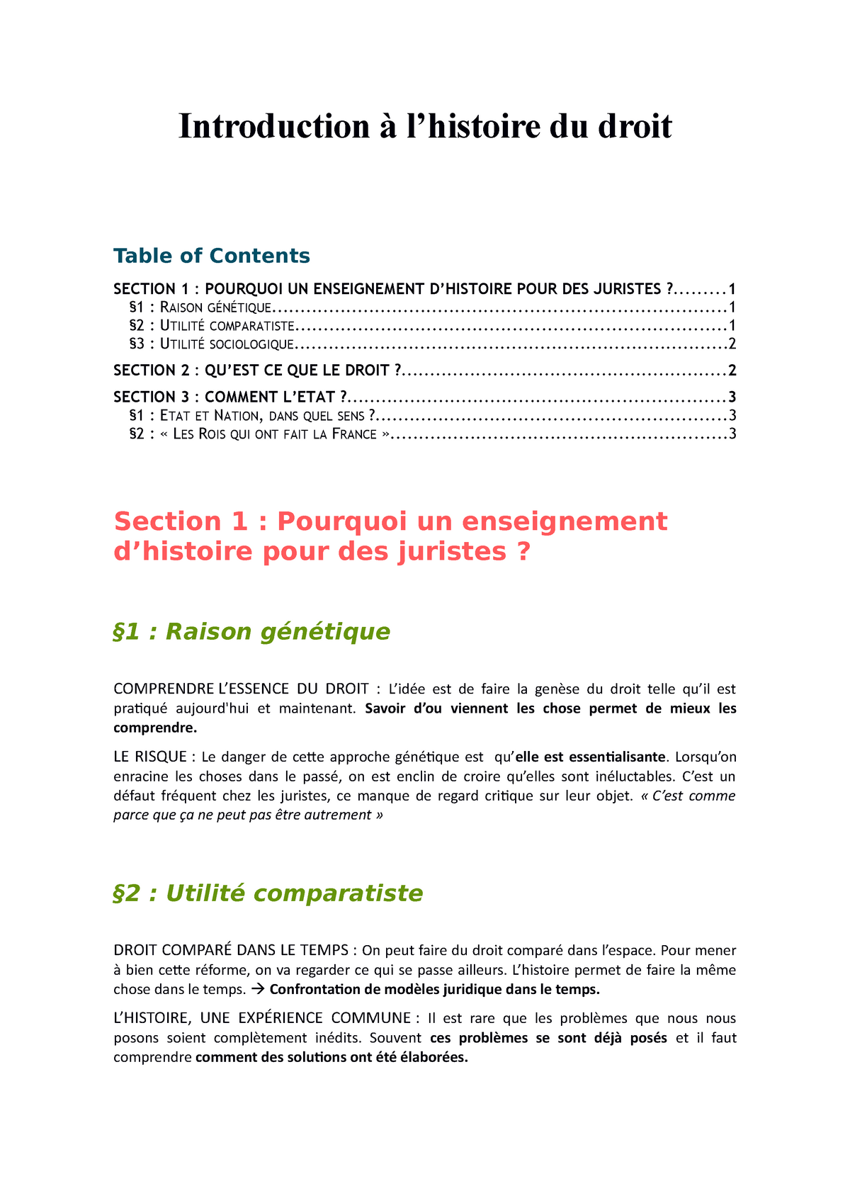 Histoire Du Droit - Introduction Du Droit Table Of Contents SECTION 1 ...