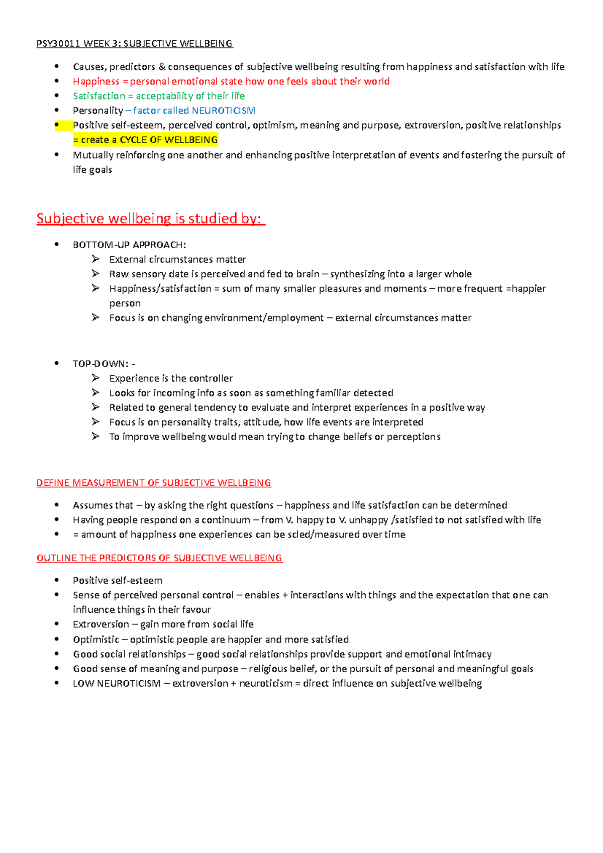 PSY30011 WEEK 3 - lecture notes - PSY30011 WEEK 3: SUBJECTIVE WELLBEING ...