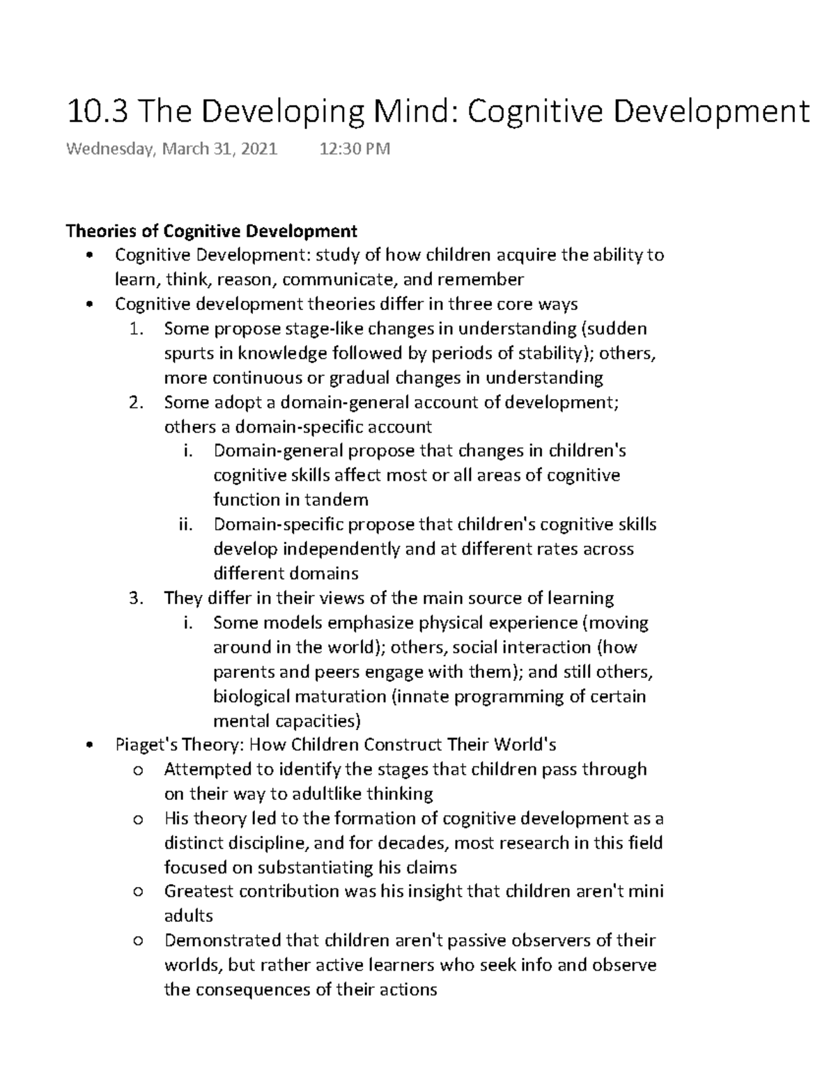10.3 The Developing Mind Cognitive Development - Theories of Cognitive ...