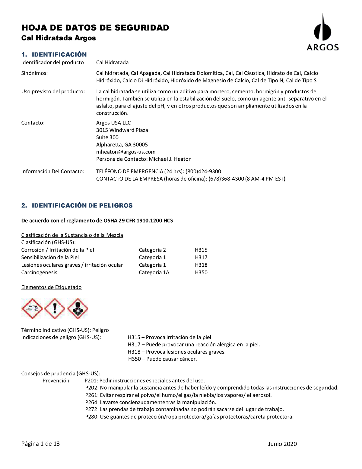 5 Argos Hydrated Lime Safety Data Sheet Espanol 6 16 2020CAL - Cal