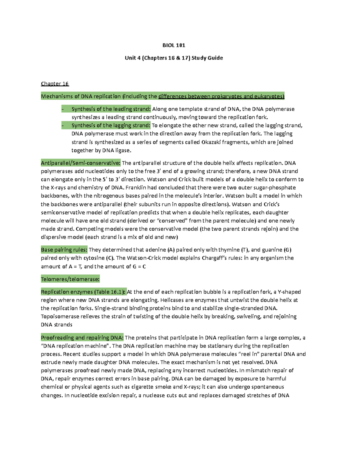BIOL 101 Unit 4 Study Guide: DNA Replication and Transcription ...