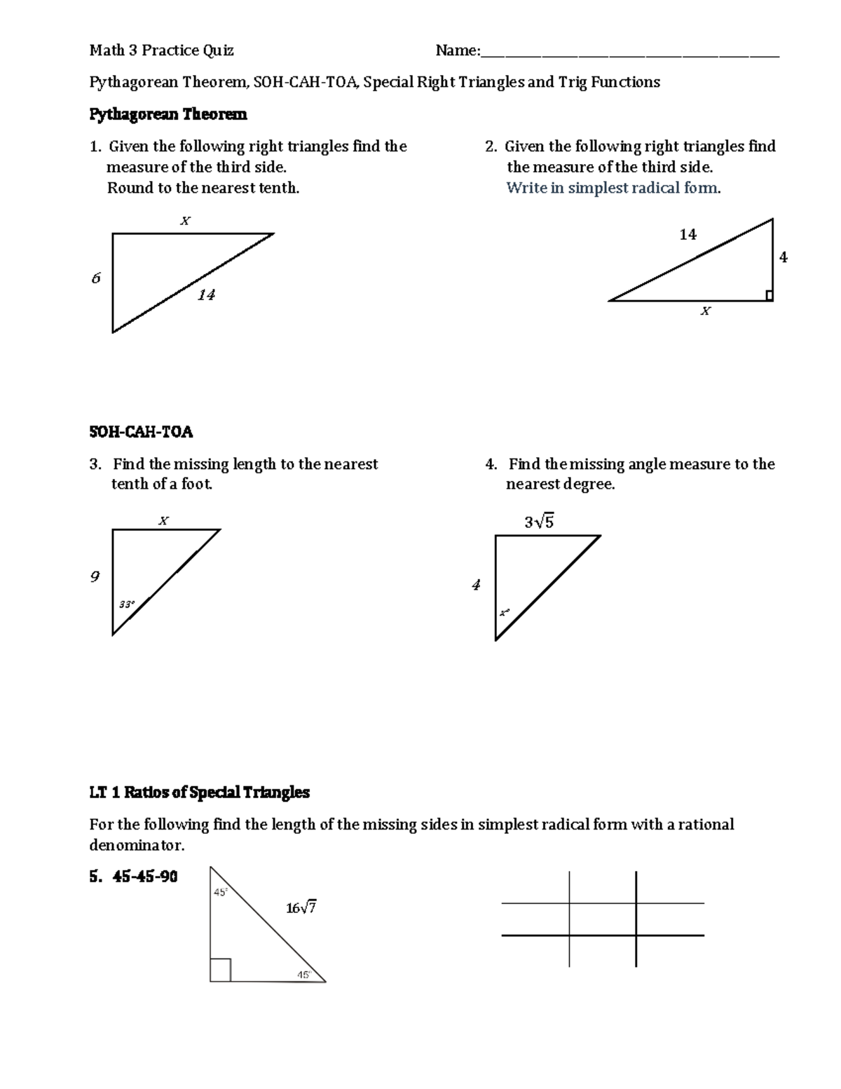 M3 M5 Practice Quiz Pyth Thm, SOH-CAH-TOA, Special Right Triangles ...