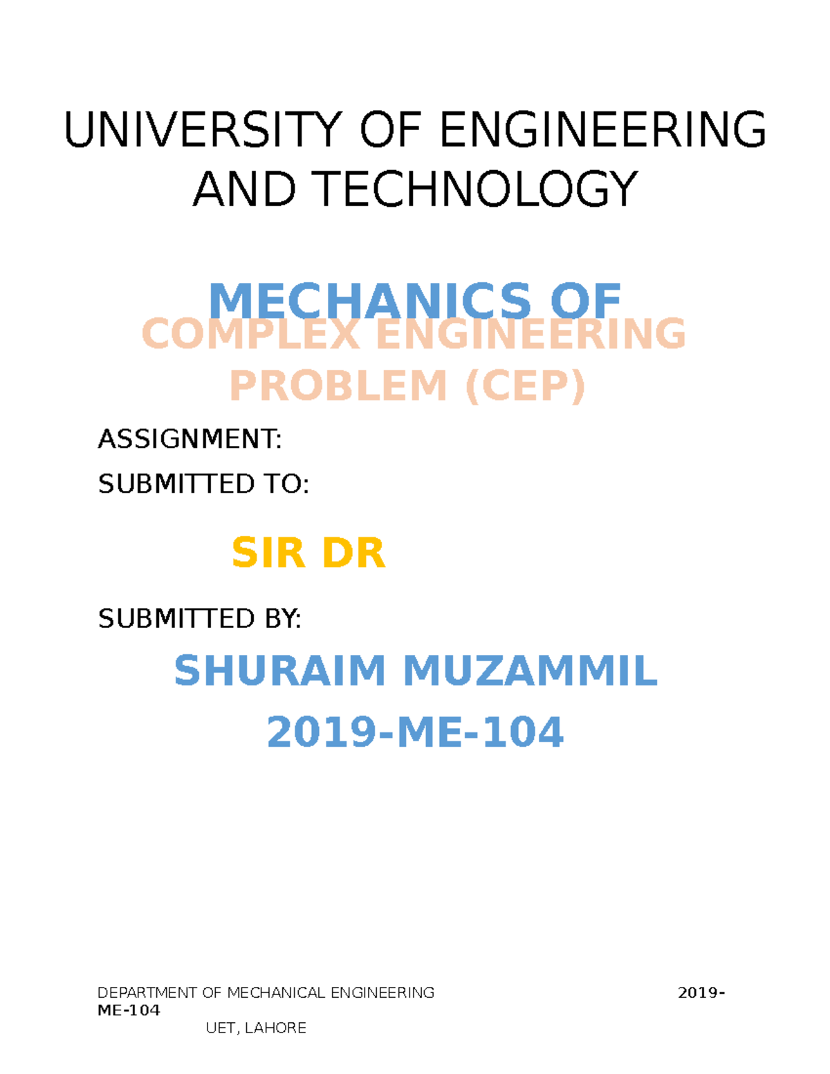 CEP Mechanics of Materials - ASSIGNMENT: SUBMITTED TO: SUBMITTED BY ...