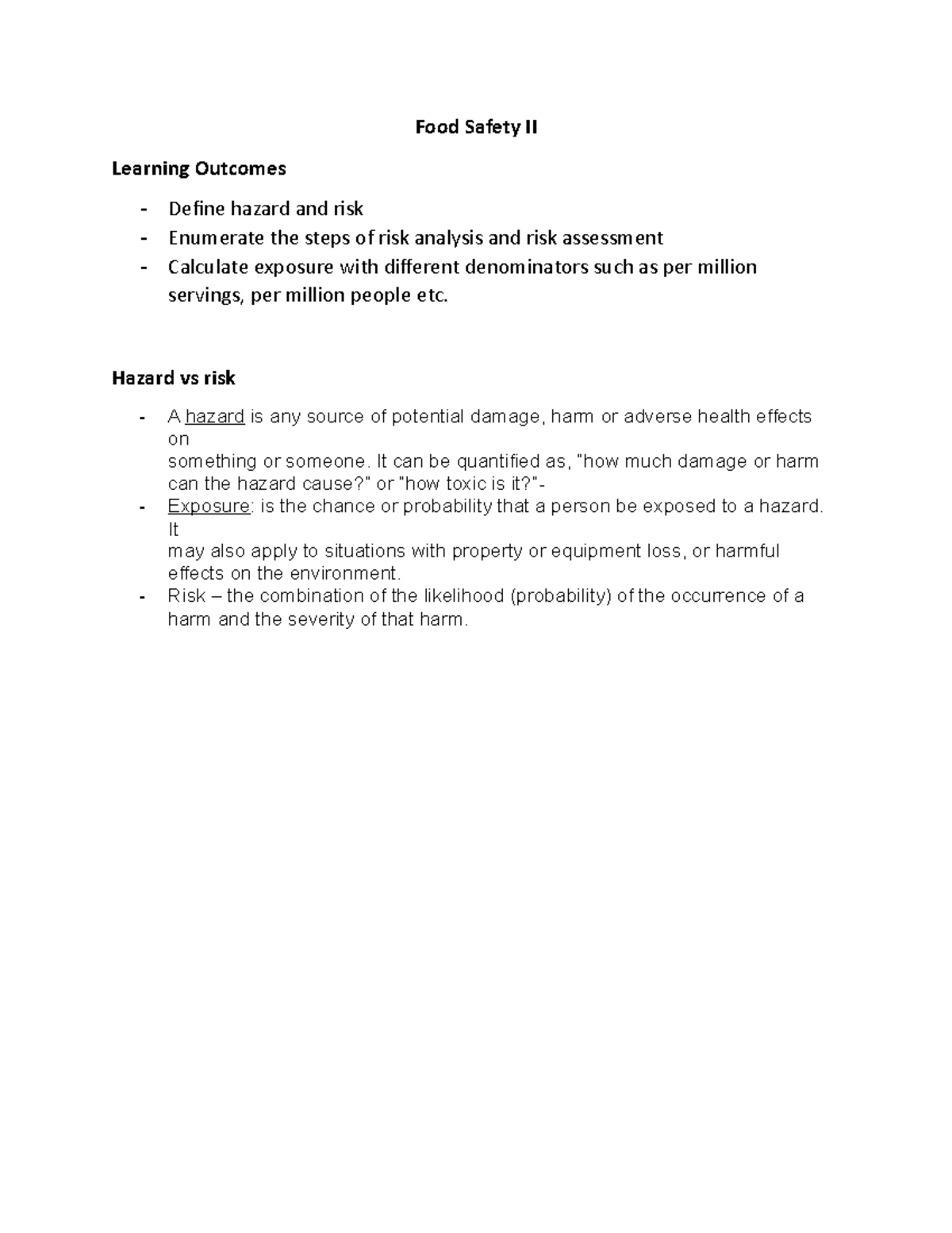 Food Safety II - dadadad - Food Safety II Learning Outcomes Define ...