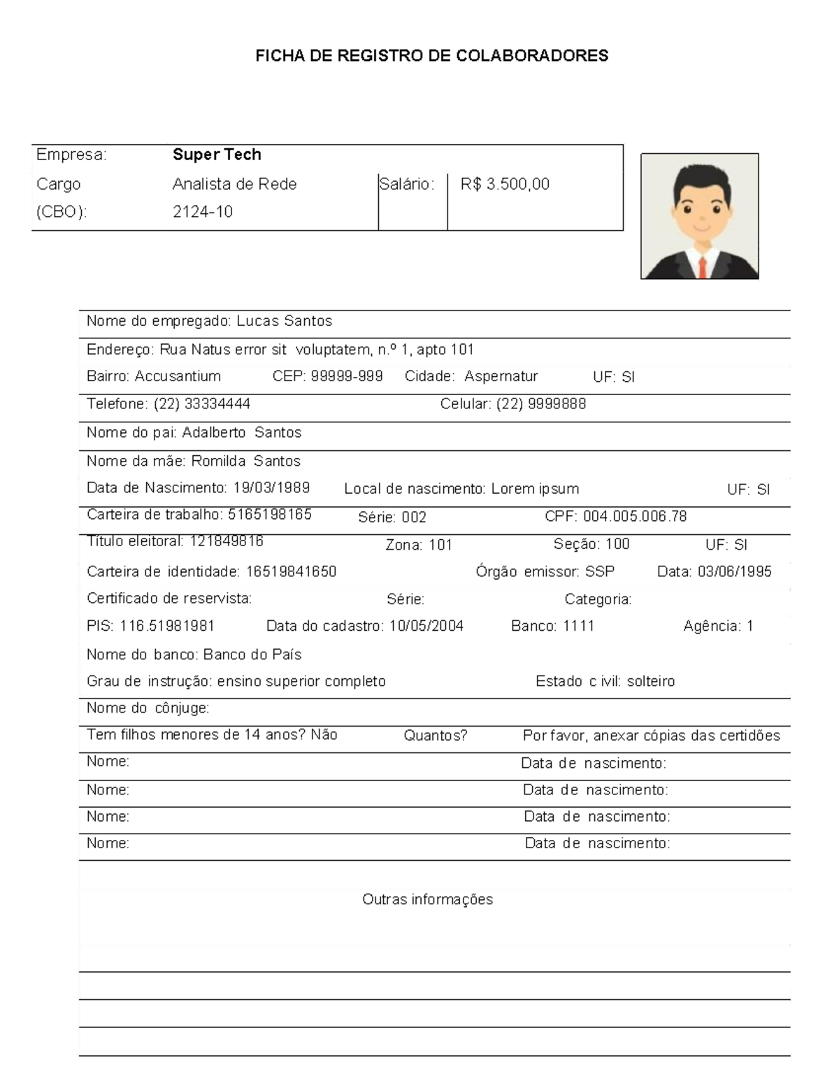 Atividade 1 Ficha Registro FICHA DE REGISTRO DE COLABORADORES Empresa 