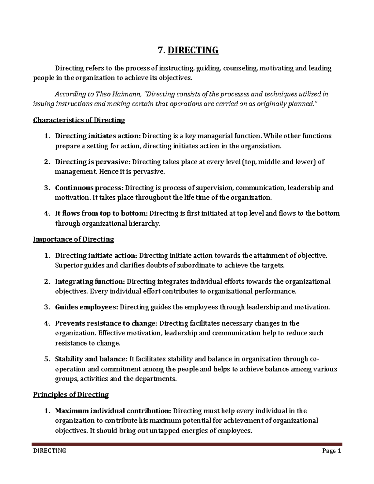 XII BS CH 7 Directing Notes - 7. DIRECTING Directing refers to the ...