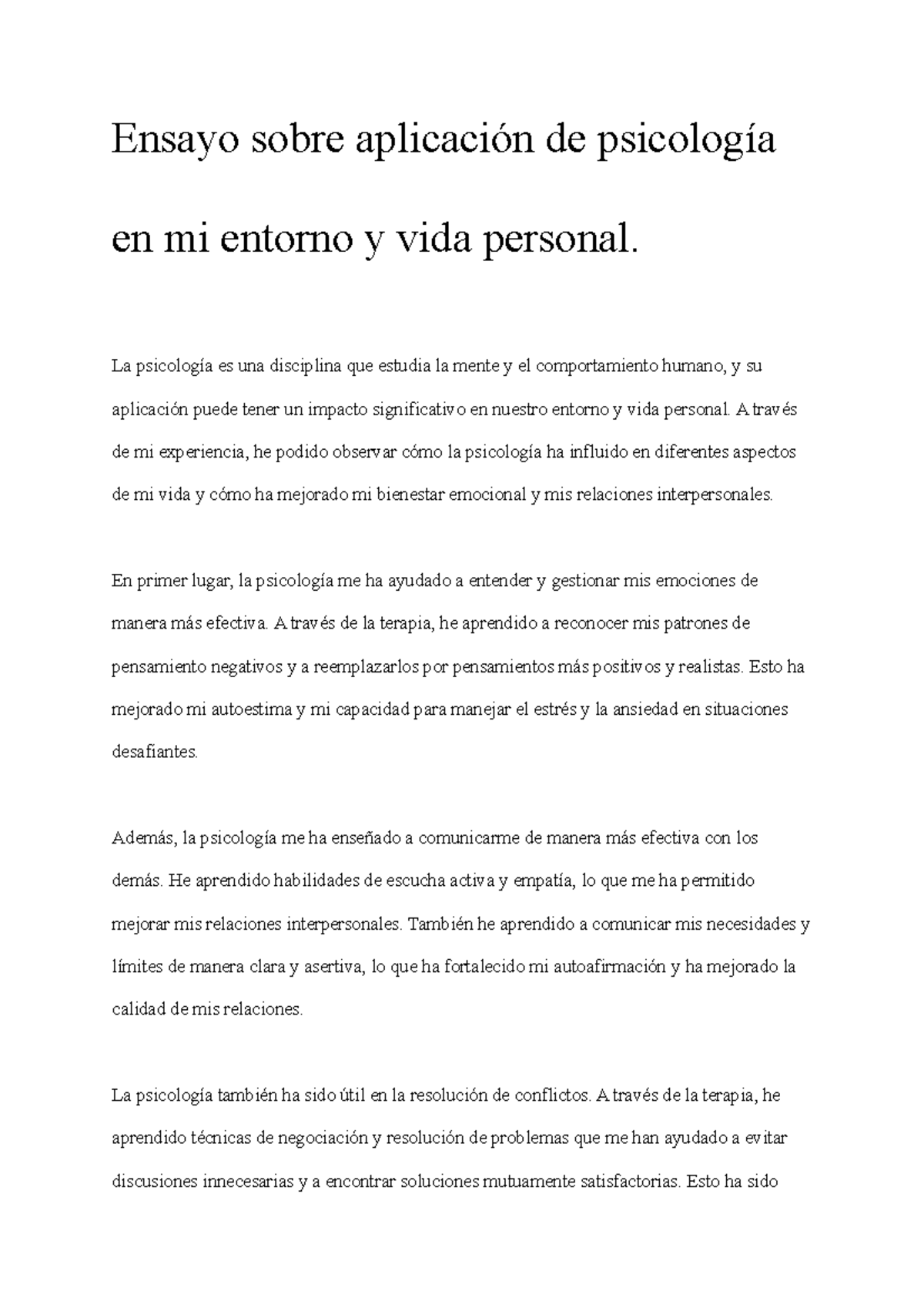 Ensayo sobre aplicación de psicología en mi entorno y vida personal ...