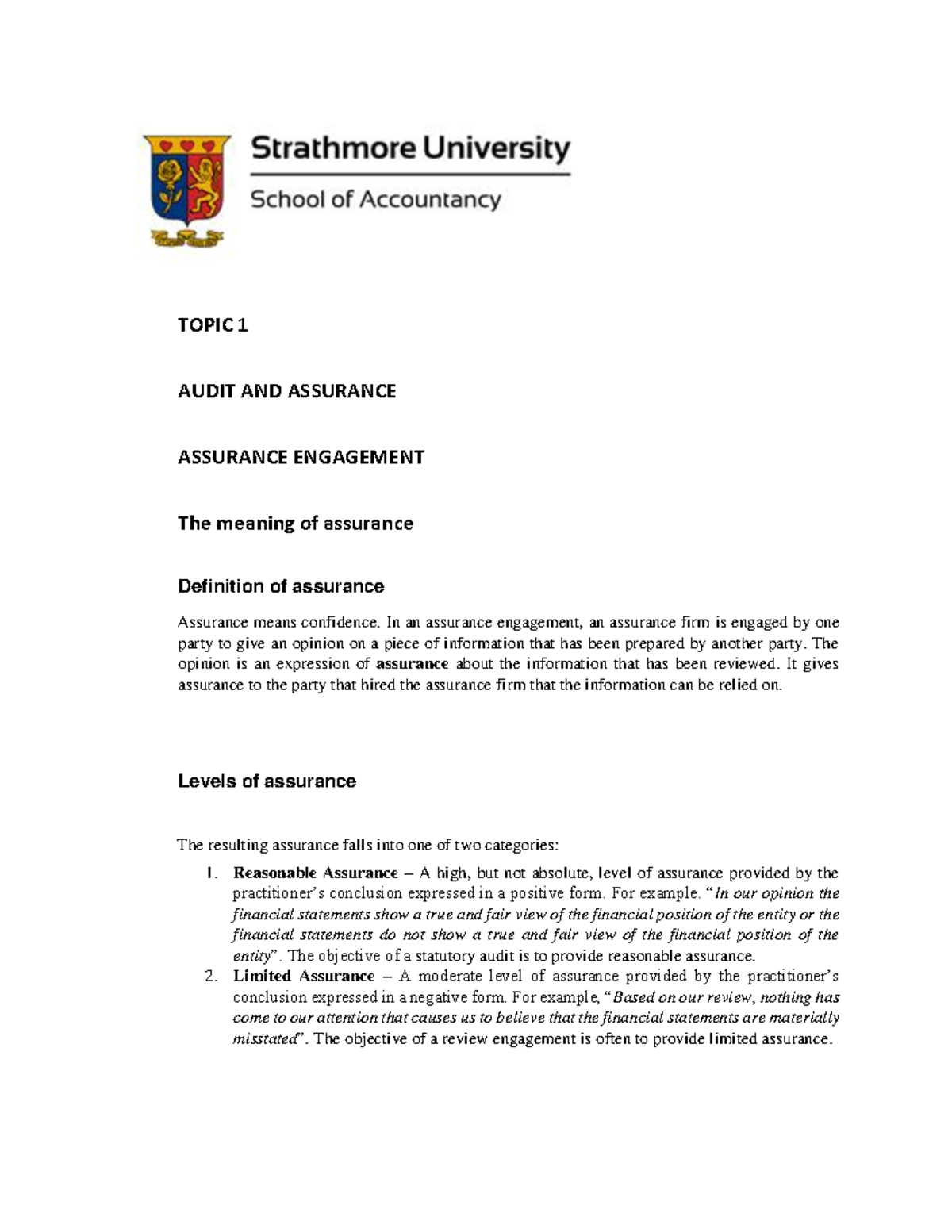 Topic 1- Assurance Engagement - TOPIC 1 AUDIT AND ASSURANCE ASSURANCE