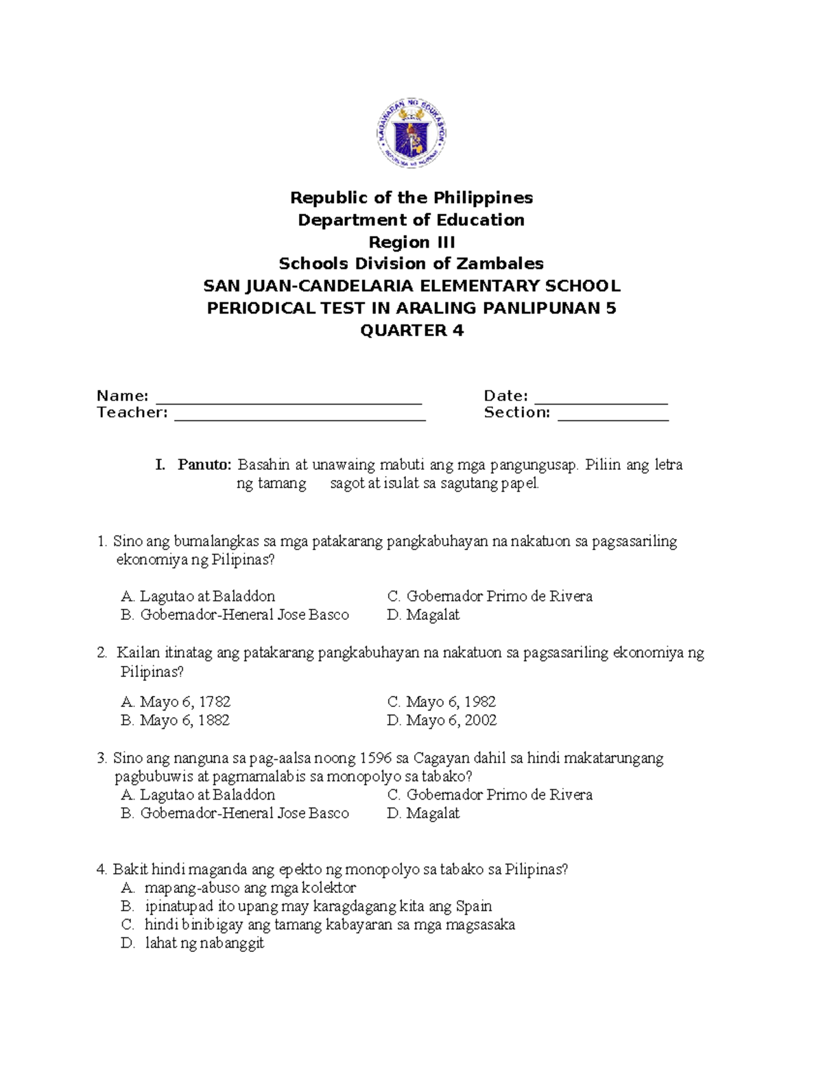 AP5 - it helps for grade 5 students as a reviewer - Republic of the ...