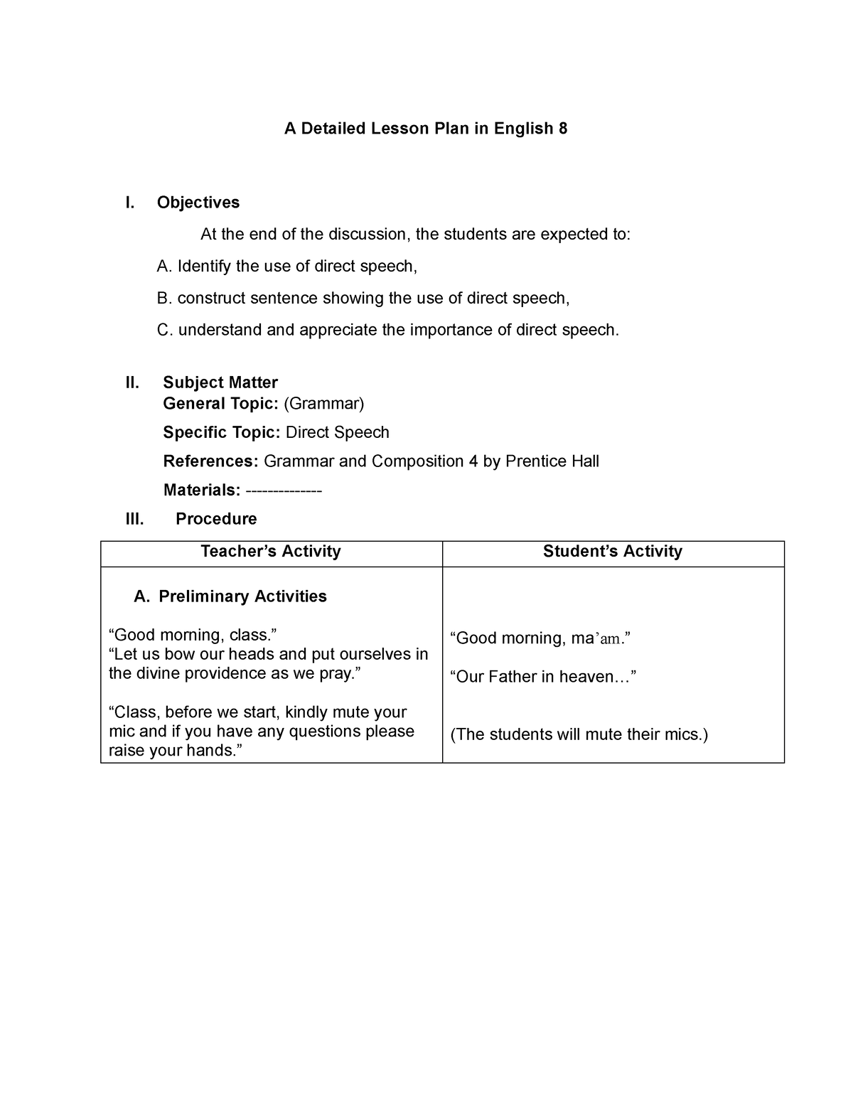 Direct Speech - LESSON PLAN IN ENGLISH - A Detailed Lesson Plan in ...