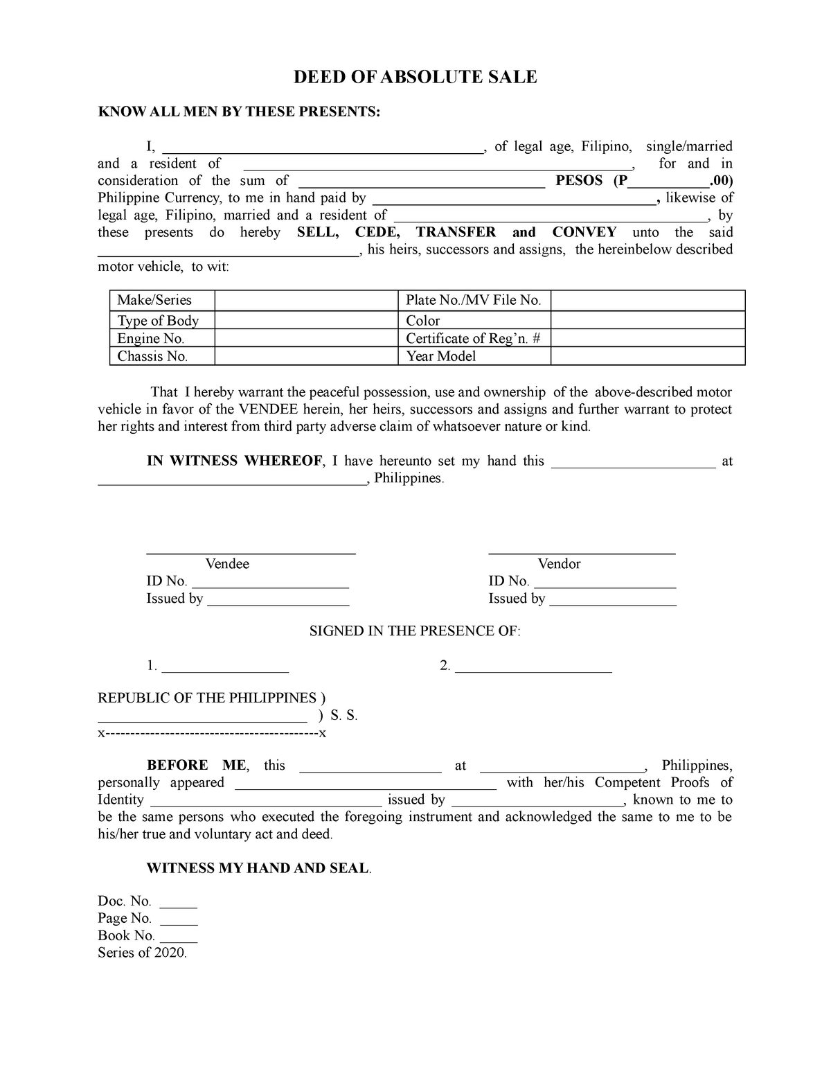 Deed Of Sale Of Motor Vehicle Blank Form Pdf Fill And Sign Printable Images