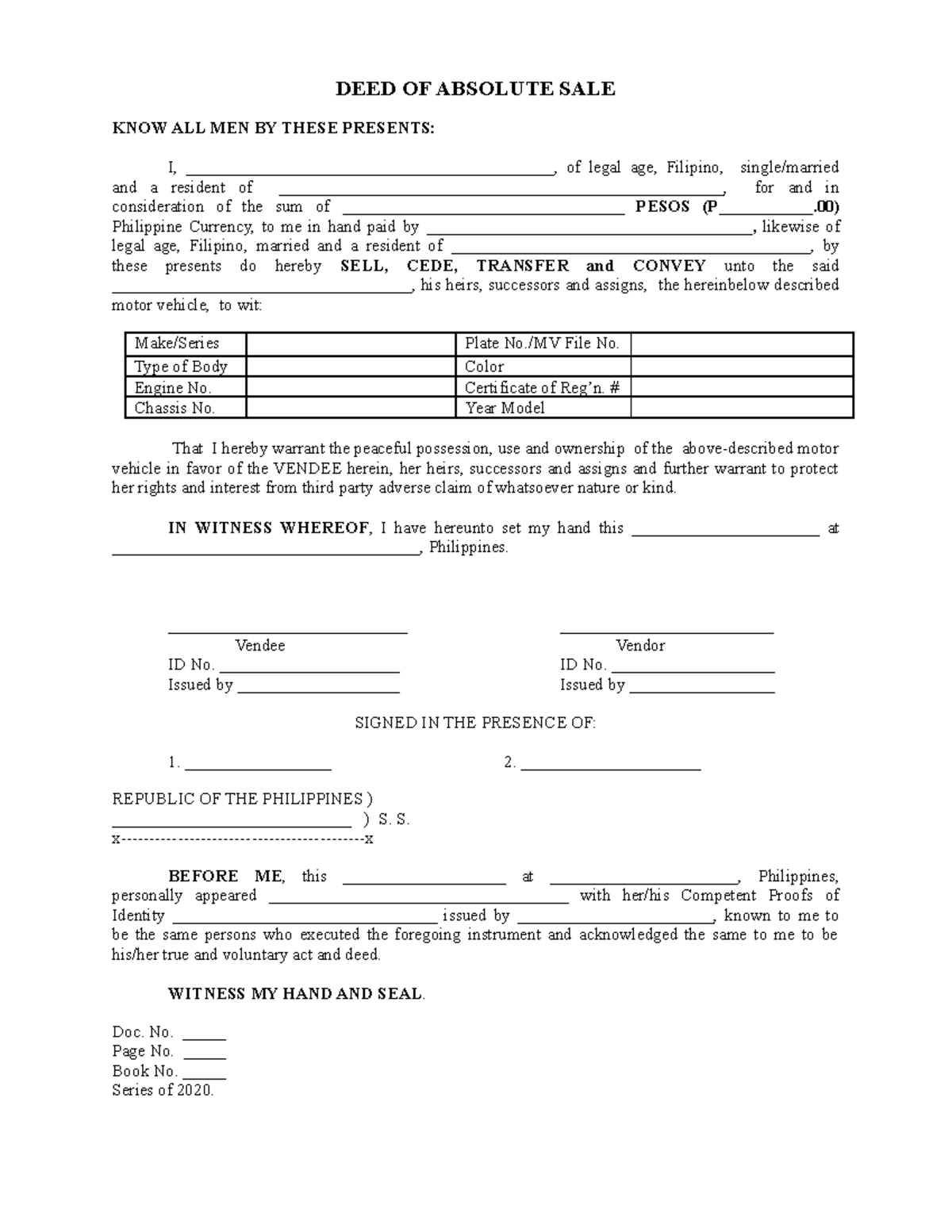 Deed Of Sale Of Motor Vehicle Deed Of Sale Of Motor Vehicle My XXX