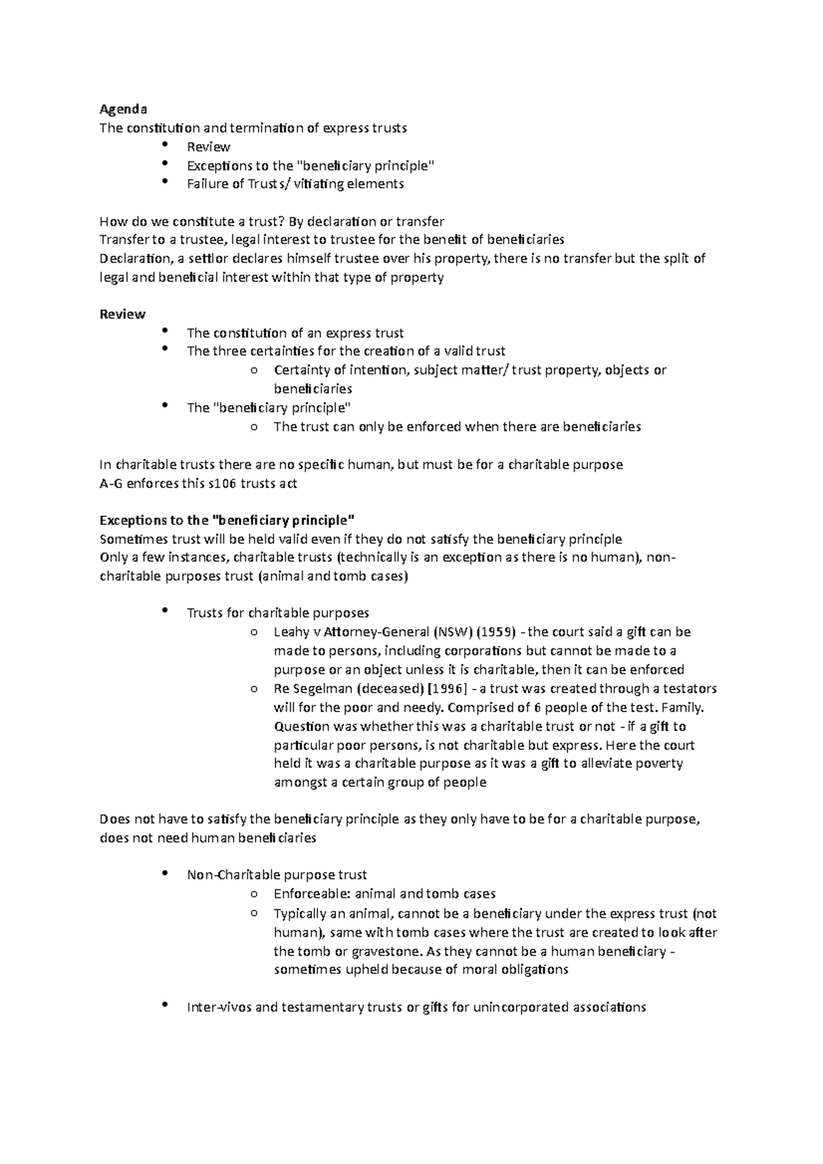 Week 4 lecture - termination of express trusts - Agenda The ...