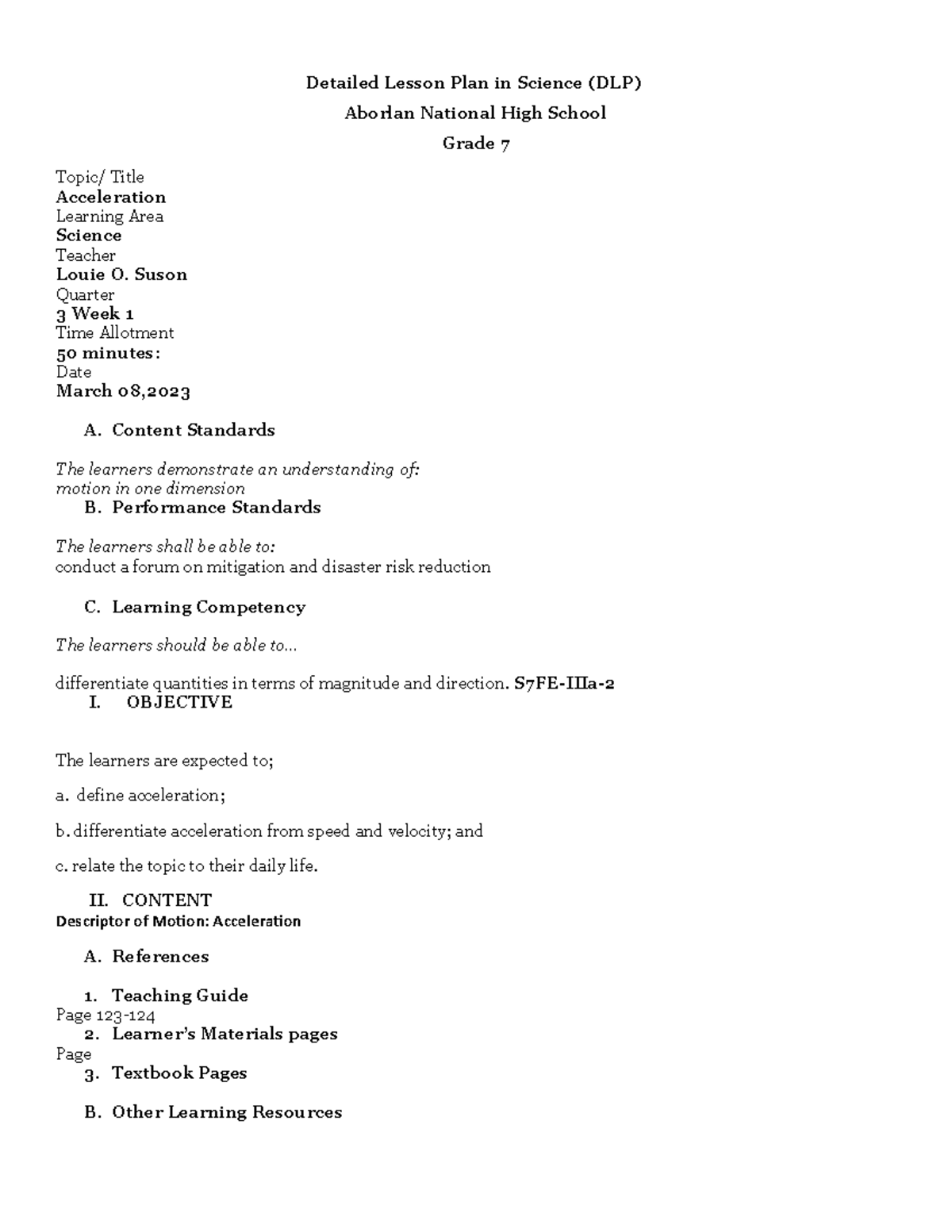 Pt3 Grade 7 Acceleration And Motion Detector Detailed Lesson Plan In Science Dlp Aborlan 8996