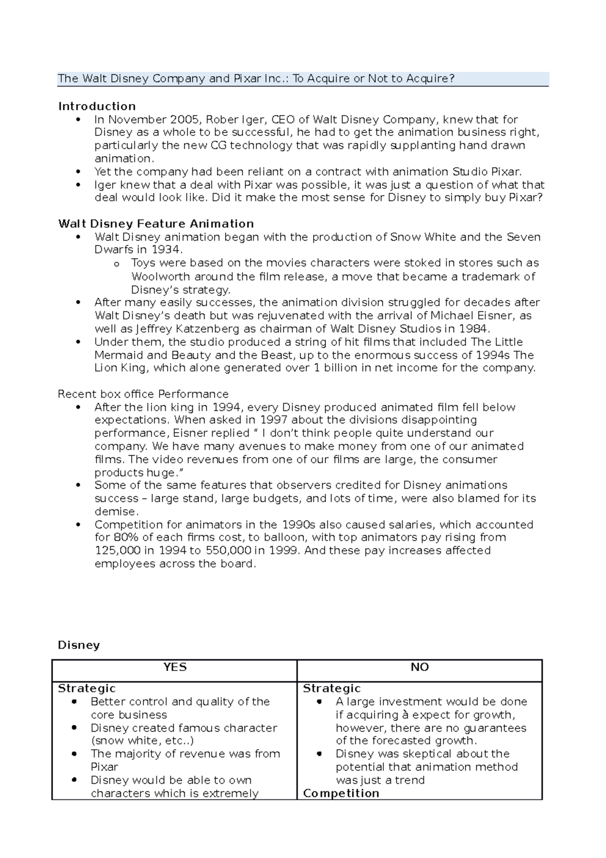 The Walt Disney Company and Pixar Inc CASE STUDY - The Walt Disney ...