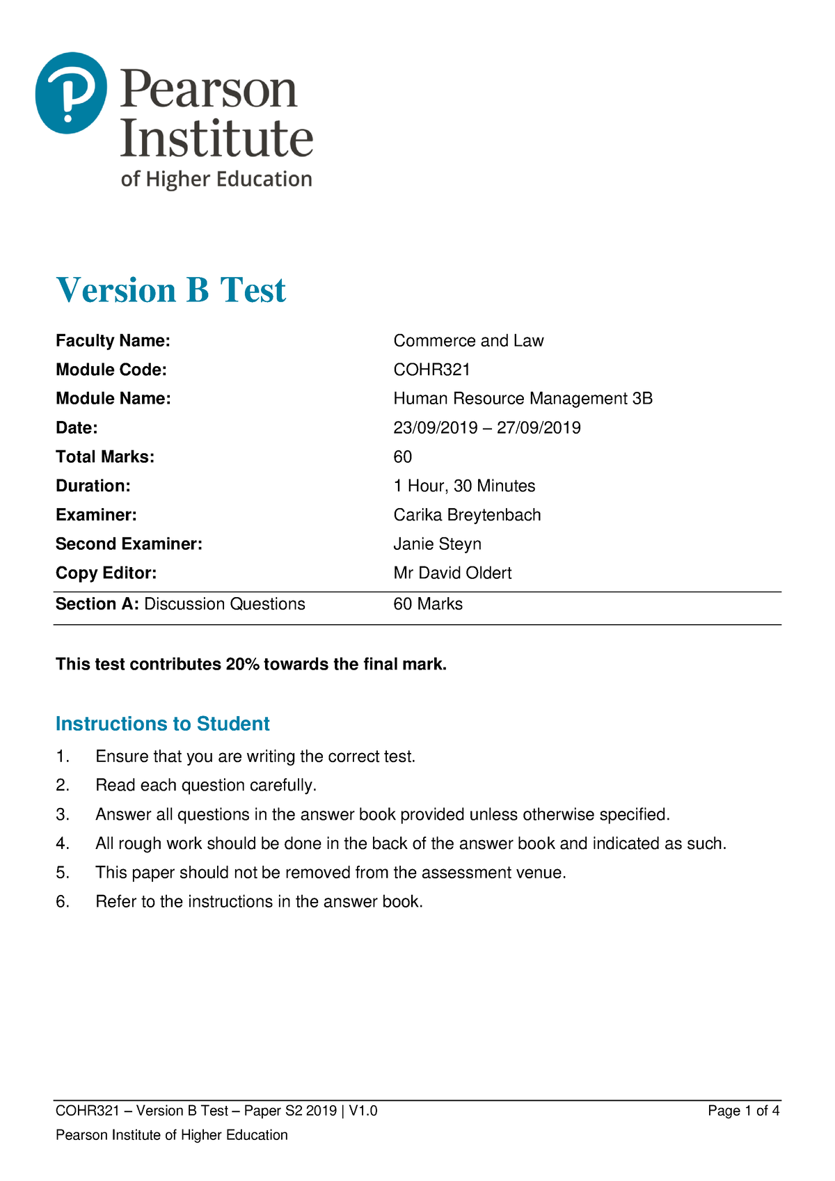 COHR321 - Test B - Paper S2 2019 (V1 - COHR321 – Version B Test – Paper ...