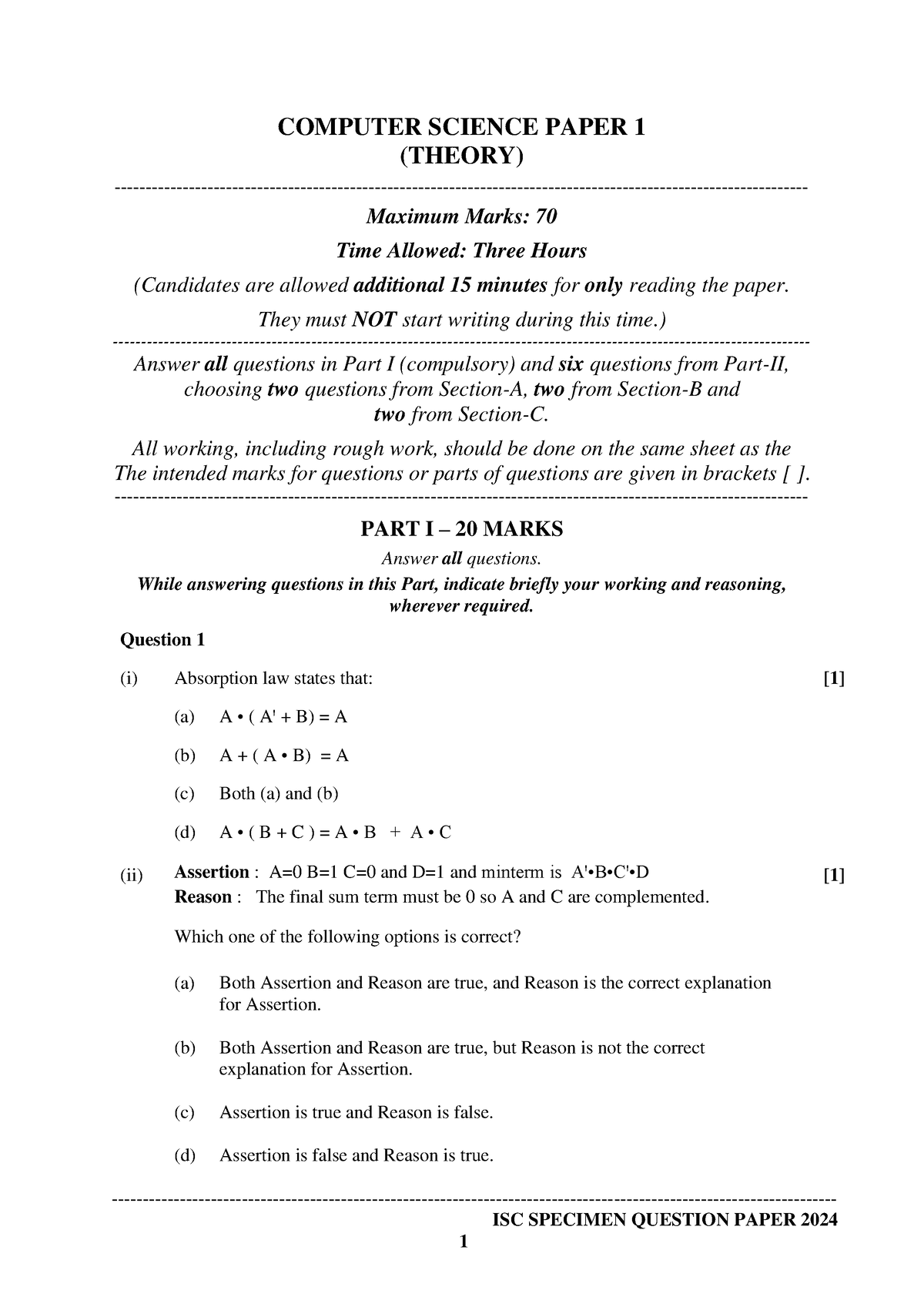 868 Computer Science Paper 1 ISC SPECIMEN QUESTION PAPER 2024