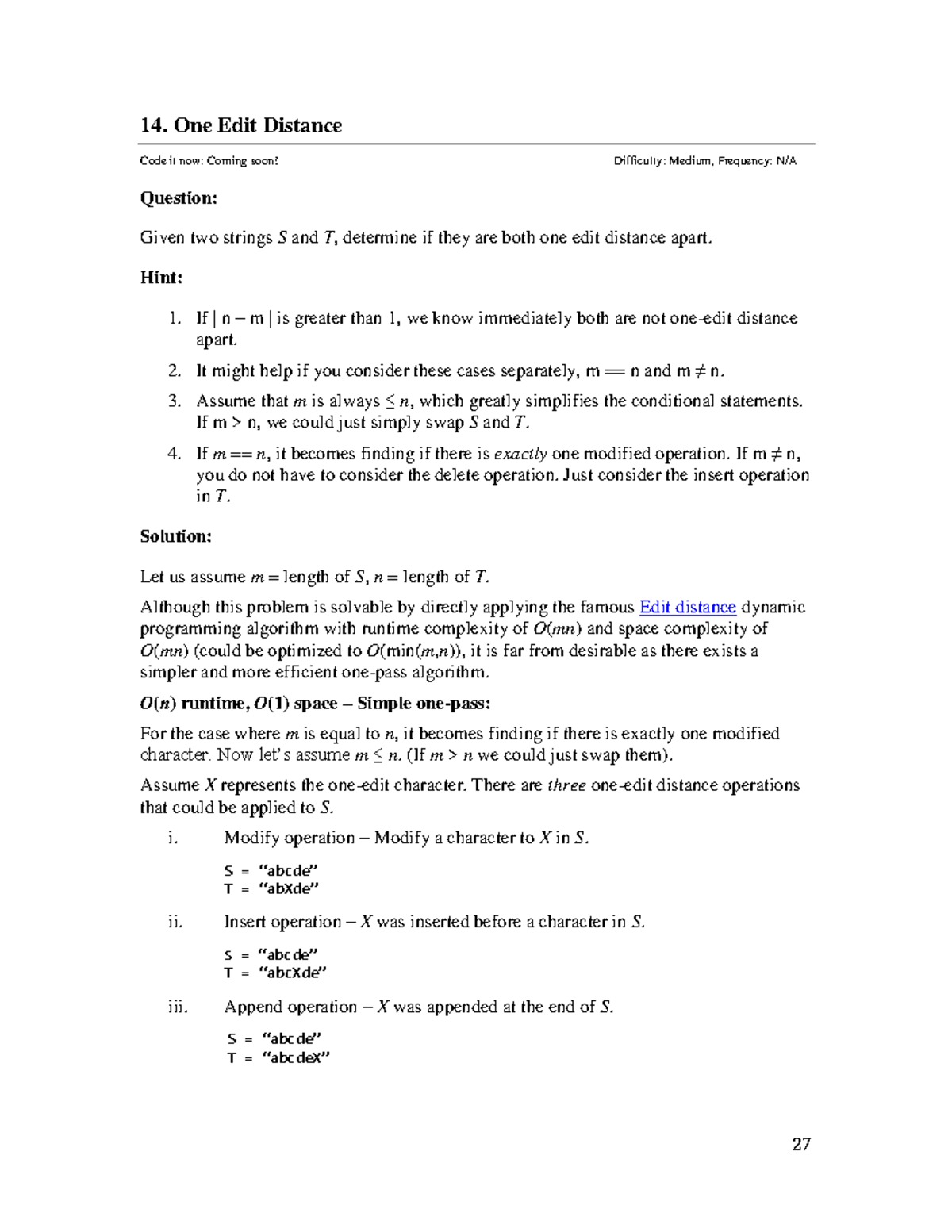 Interview questions-28-35 - 14. One Edit Distance Code it now: Coming ...