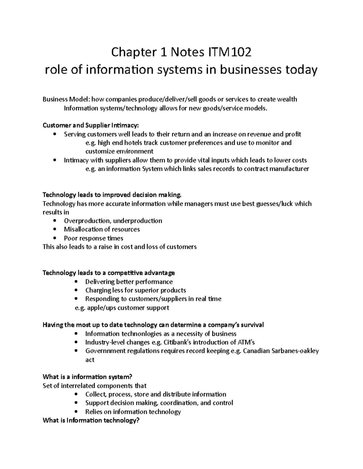 Chapter 1 Notes ITM102: role of information systems in businesses today ...