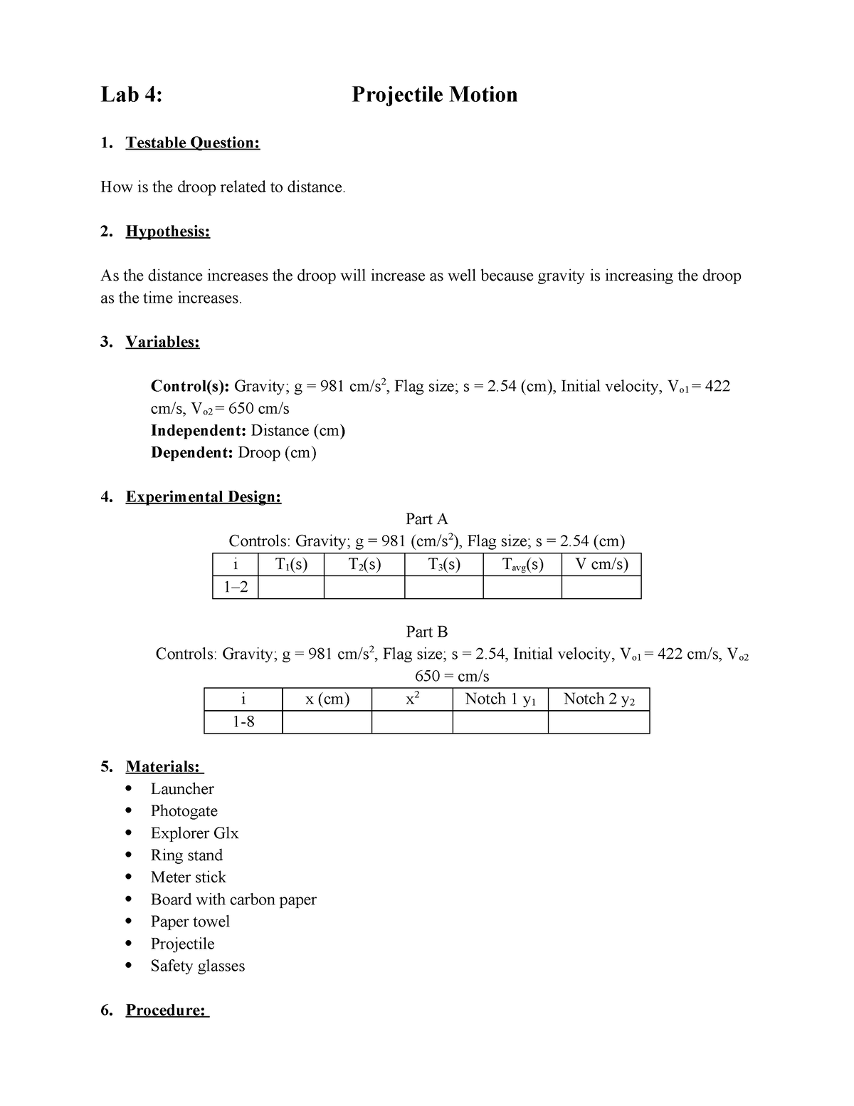 PHY111L Lab 4 Projectile Motion RG - Lab 4: Projectile Motion Testable ...