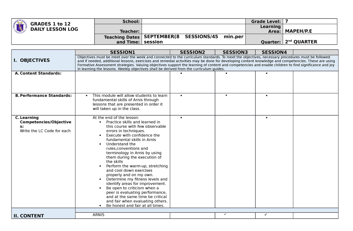 G7 DLL Mapeh PE Q2-1 - Daily Lesson Log - GRADES 1 To 12 DAILY LESSON ...