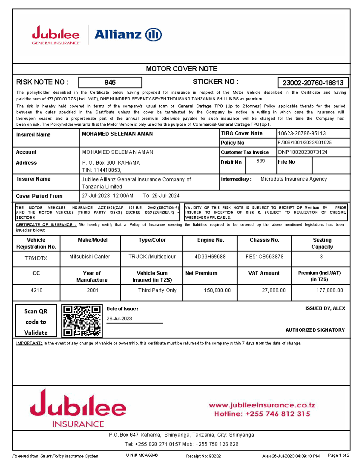 Report 02 MIAG 1260723 043911 - MOTOR COVER NOTE RISK NOTE NO : 846 ...