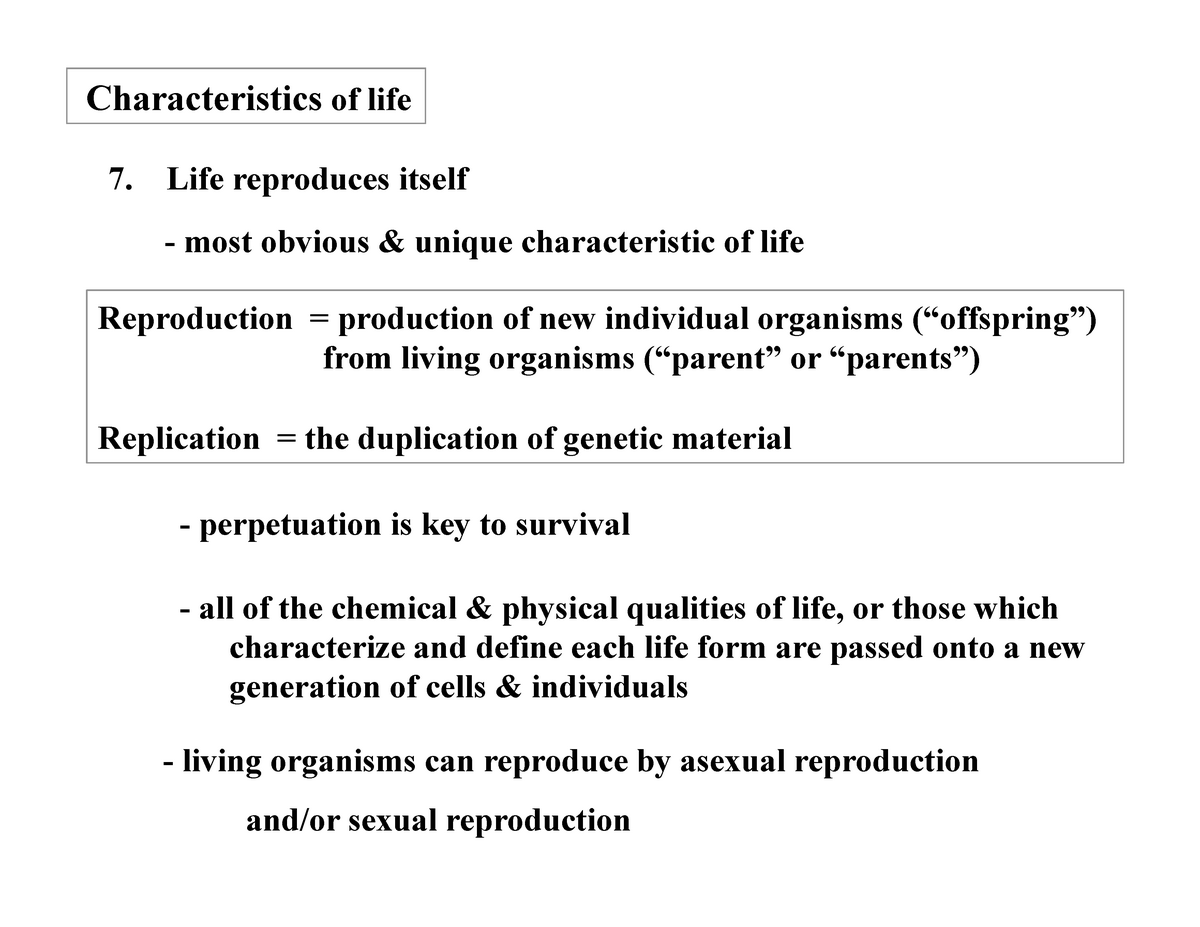 Lecture notes 6 - C of Life (Reproduction) - Characteristics of life 7 ...