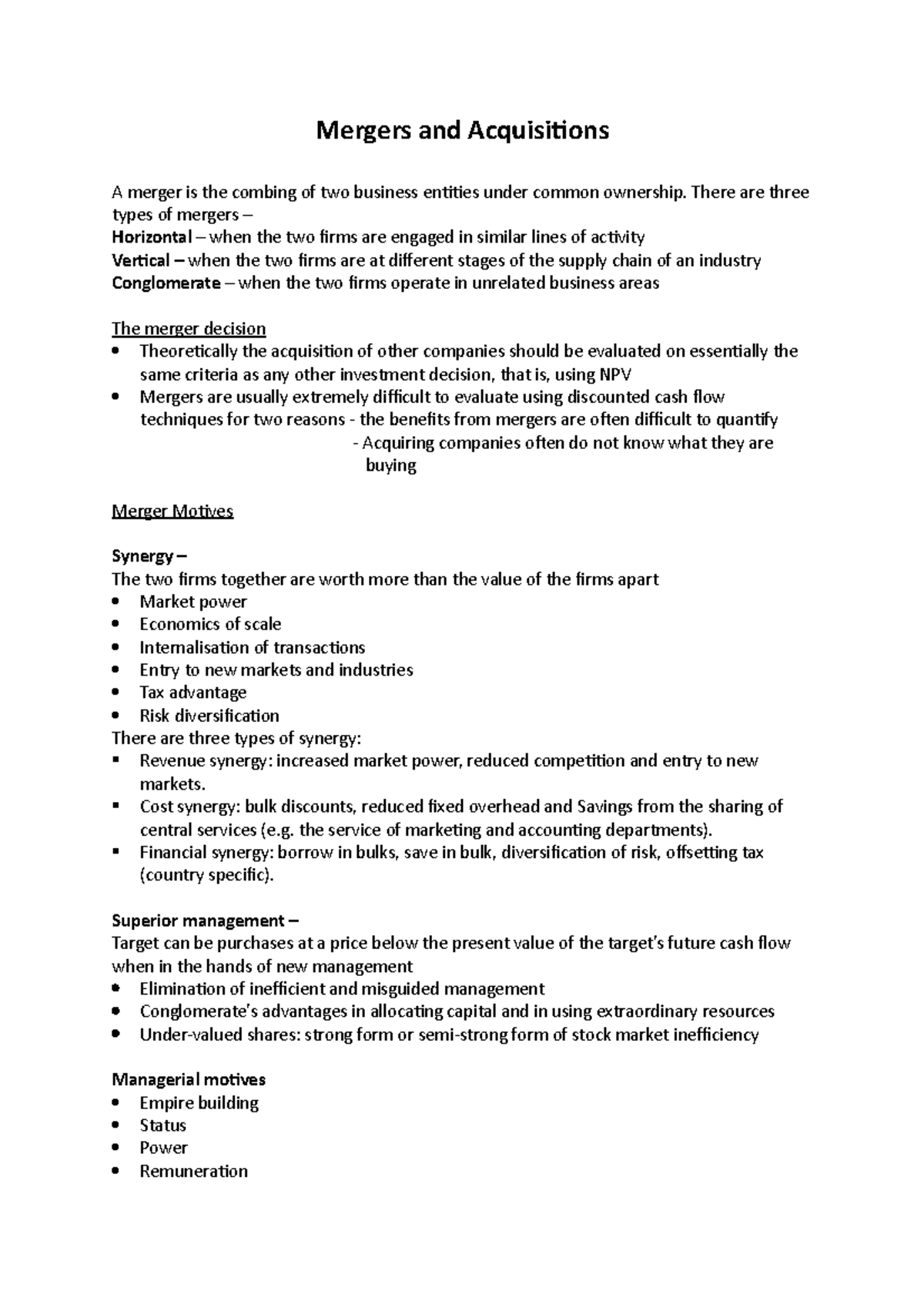Mergers and Acquisitions notes - Mergers and Acquisitions A merger is ...